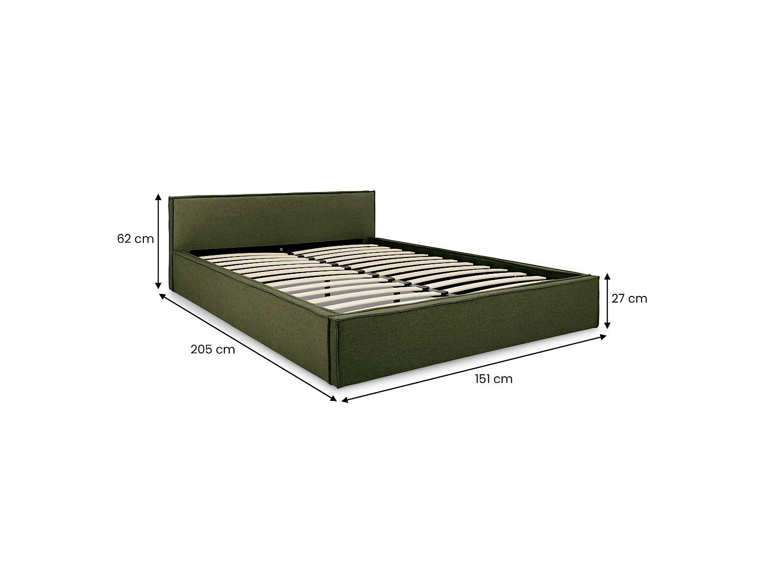 Lit Double PESARO rembourré 140x190 cm avec Sommier Inclus et Tête de lit en Tissu, Vert, Lit 2 Places Rembourré Style Moderne