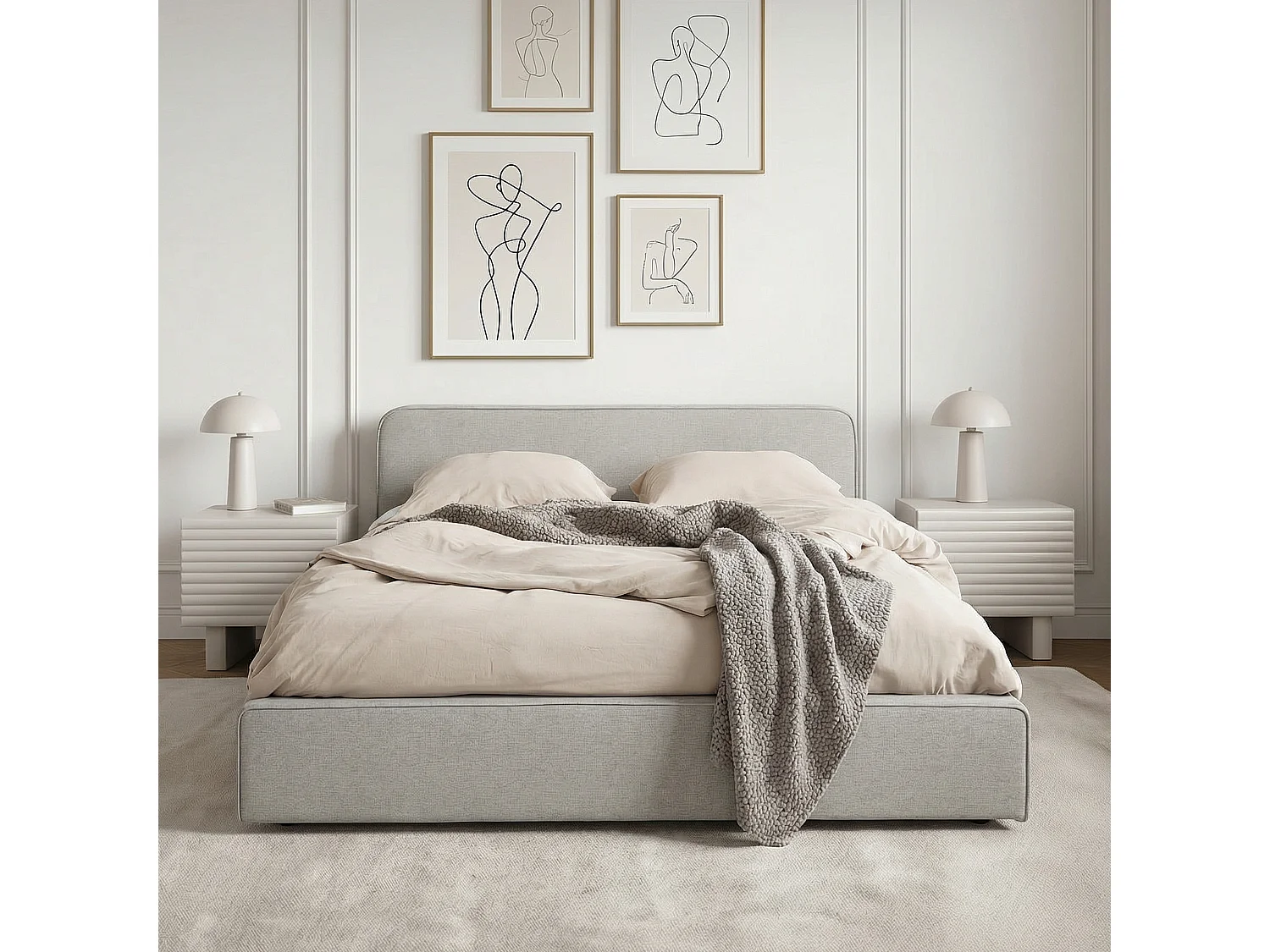 Lit simple BELARTI 120x190 cm rembourré, Revêtement en tissu Gris Clair, Lit style moderne pour 1 personne, sommier inclus