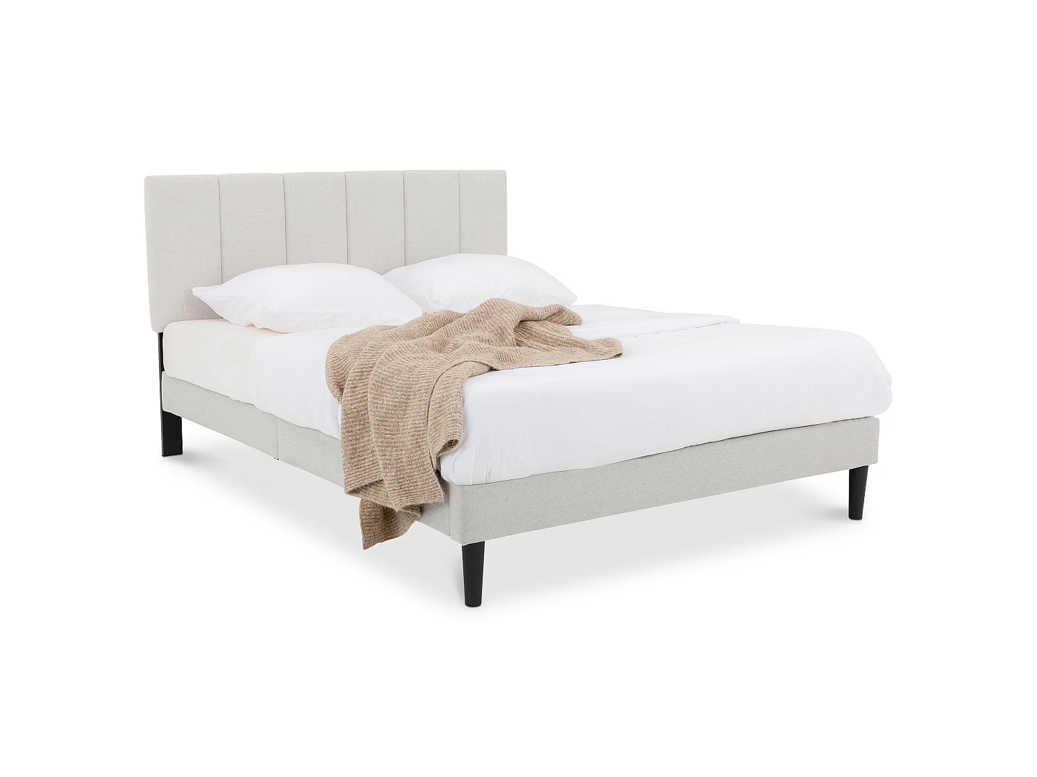 Lit Double OLBIA 140x190 cm, Rembourré en Tissu Gris Clair, Cadre de Lit Adulte, Sommier Inclus