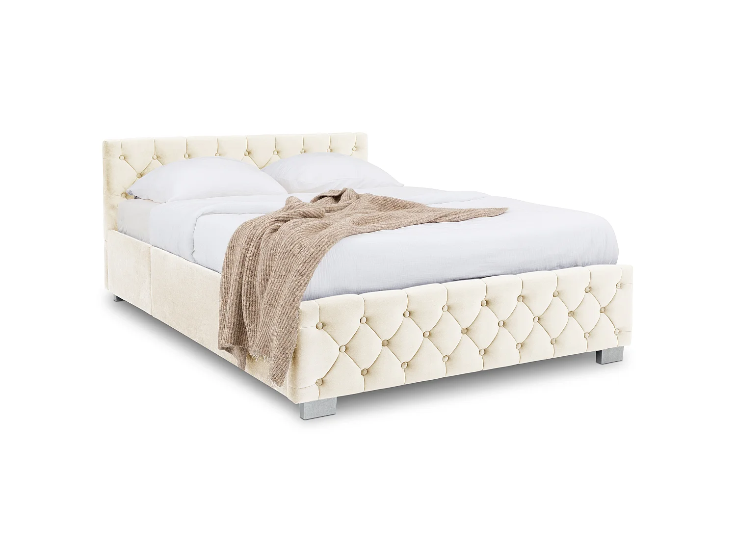 Lit Coffre NURI rembourré, Lit Double, Surface de Couchage 140x190 cm, Blanc Crème, Velours Doux et Lumineux