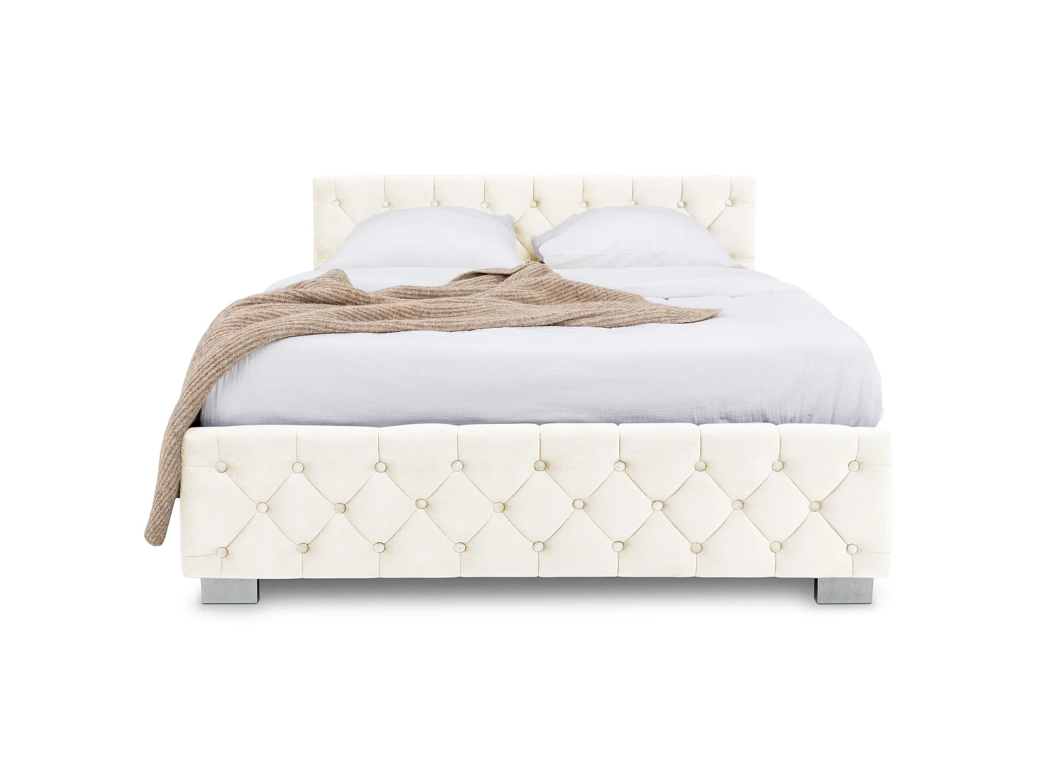 Lit Coffre NURI rembourré, Lit Double, Surface de Couchage 140x190 cm, Blanc Crème, Velours Doux et Lumineux