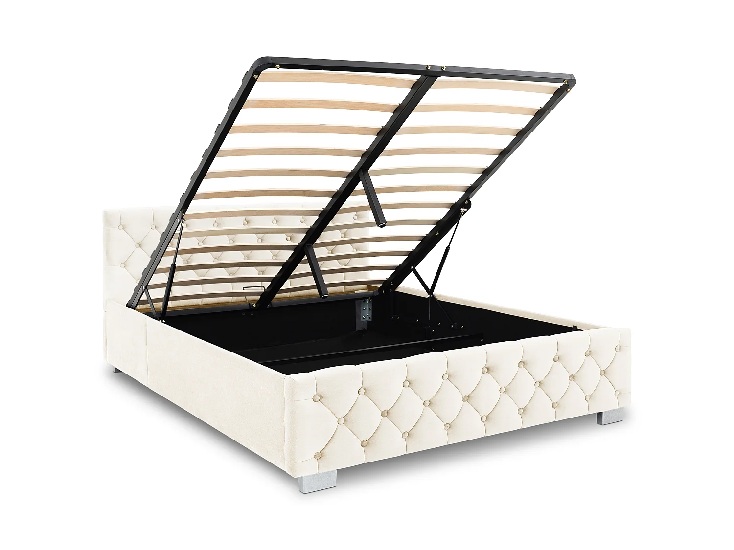 Lit Coffre NURI rembourré, Lit Double, Surface de Couchage 140x190 cm, Blanc Crème, Velours Doux et Lumineux