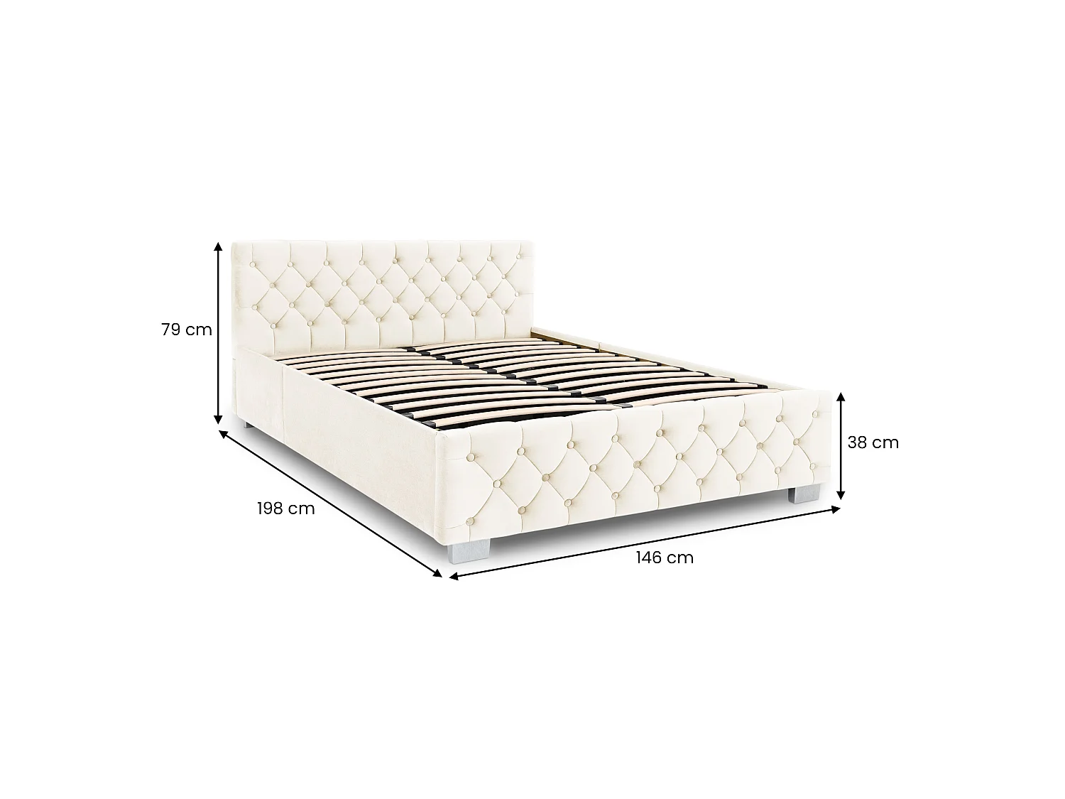 Lit Coffre NURI rembourré, Lit Double, Surface de Couchage 140x190 cm, Blanc Crème, Velours Doux et Lumineux