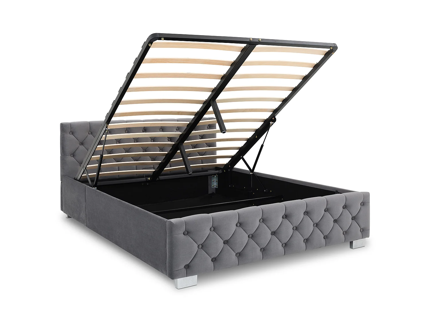 Lit Coffre NURI rembourré, Lit Double, Surface de Couchage 140x190 cm, Gris foncé, Velours Doux et Lumineux