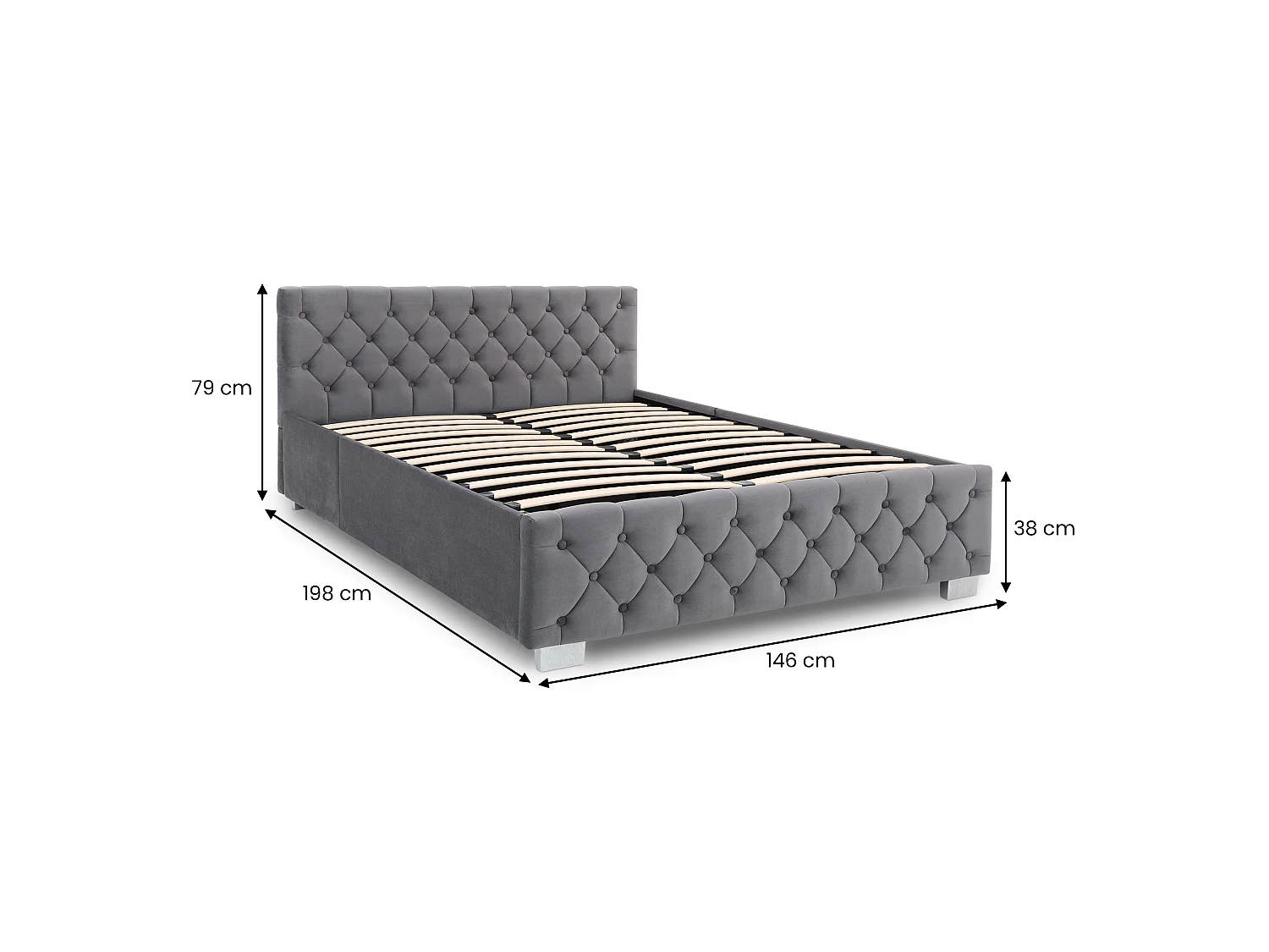 Lit Coffre NURI rembourré, Lit Double, Surface de Couchage 140x190 cm, Gris foncé, Velours Doux et Lumineux
