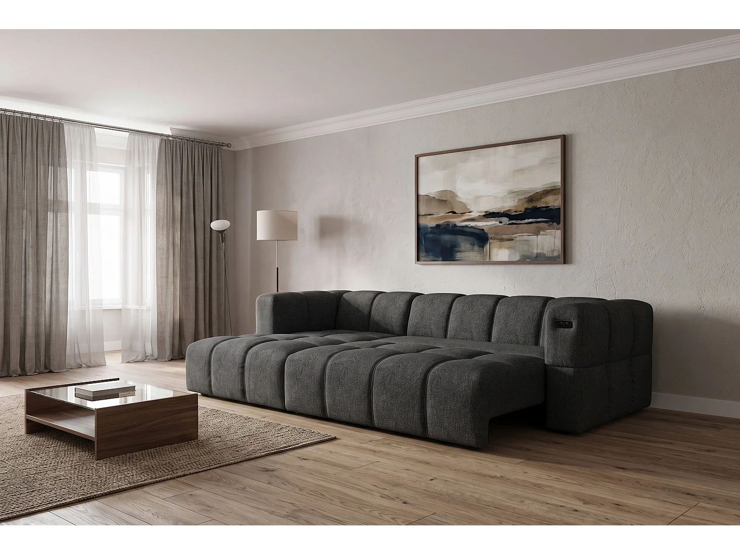 Elektrische hoekbank met relaxfunctie en elektrische slaapfunctie, bekleed met chenille en voorzien van USB LUMI