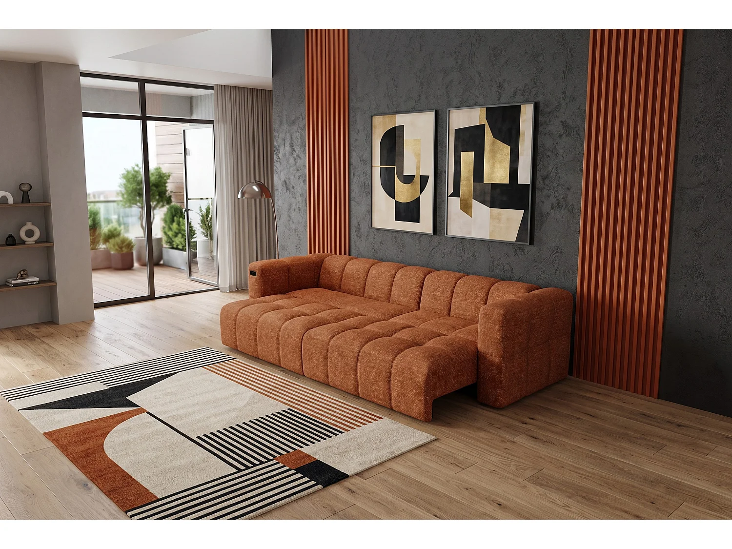 Elektrische hoekbank met relaxfunctie en elektrische slaapfunctie, bekleed met chenille en voorzien van USB LUMI