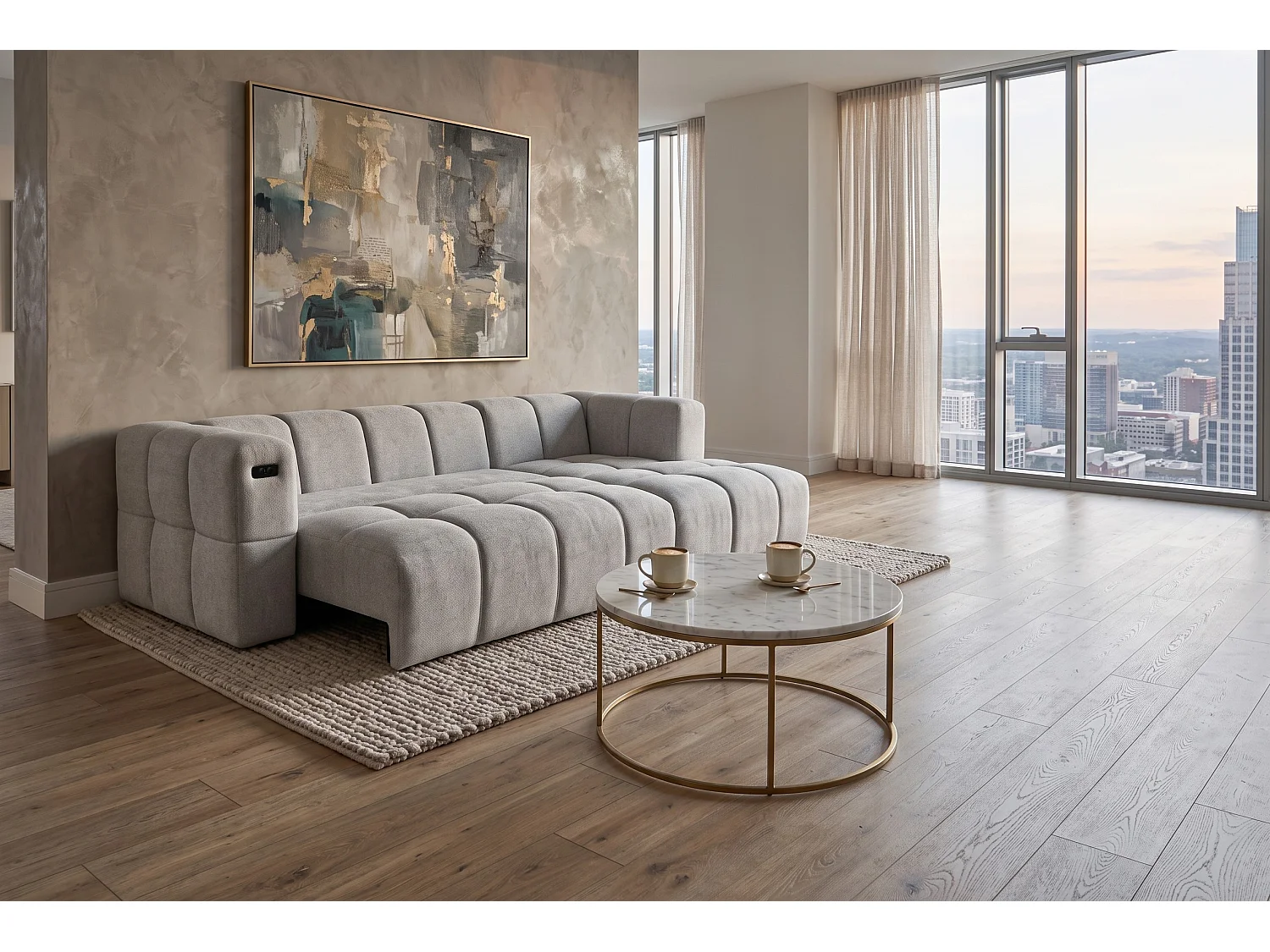 Elektrische hoekbank met relaxfunctie en elektrische slaapfunctie, bekleed met chenille en voorzien van USB LUMI