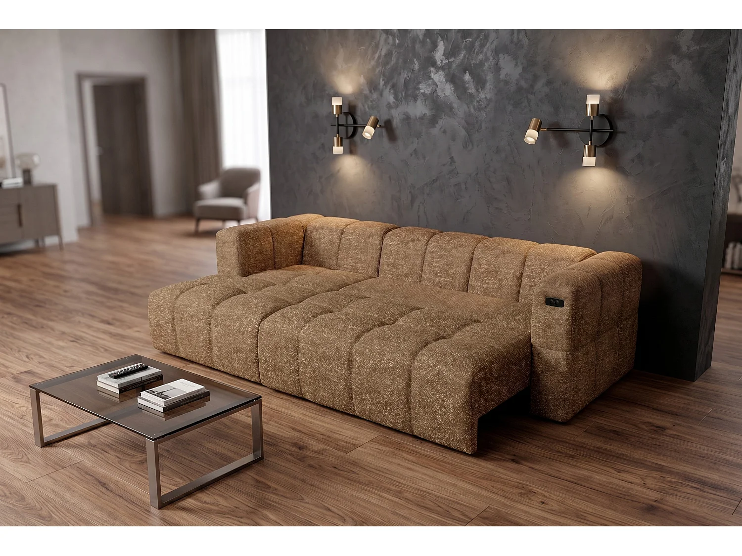 Elektrische hoekbank met relaxfunctie en elektrische slaapfunctie, bekleed met chenille en voorzien van USB LUMI