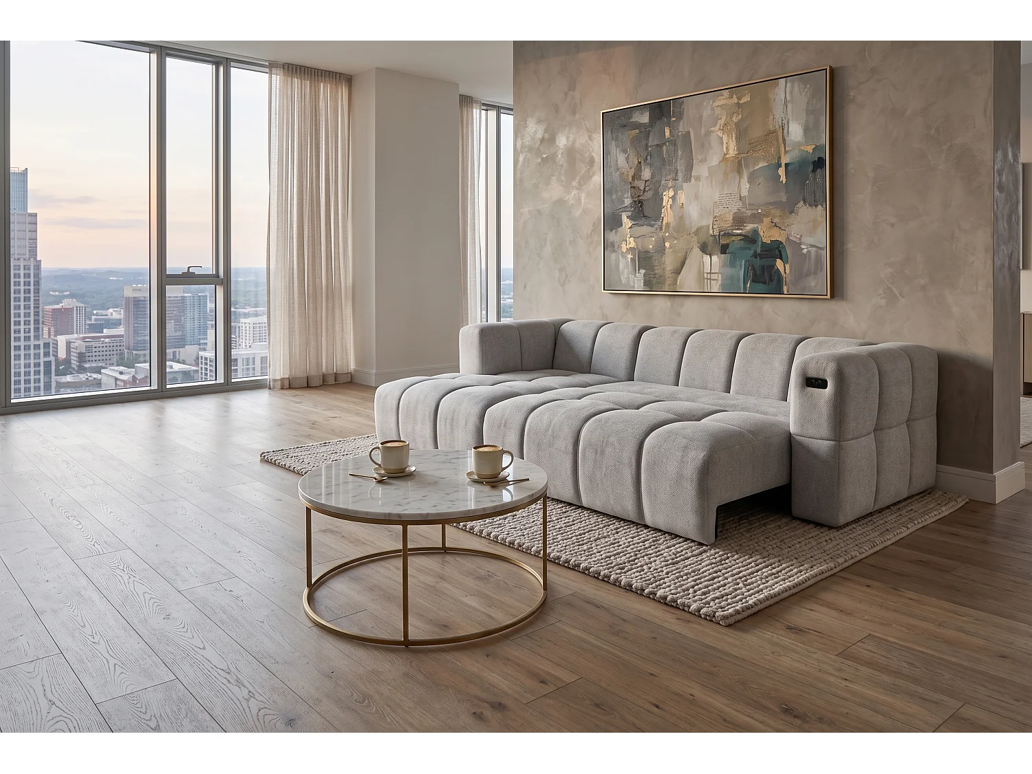 Elektrische hoekbank met relaxfunctie en elektrische slaapfunctie, bekleed met chenille en voorzien van USB LUMI