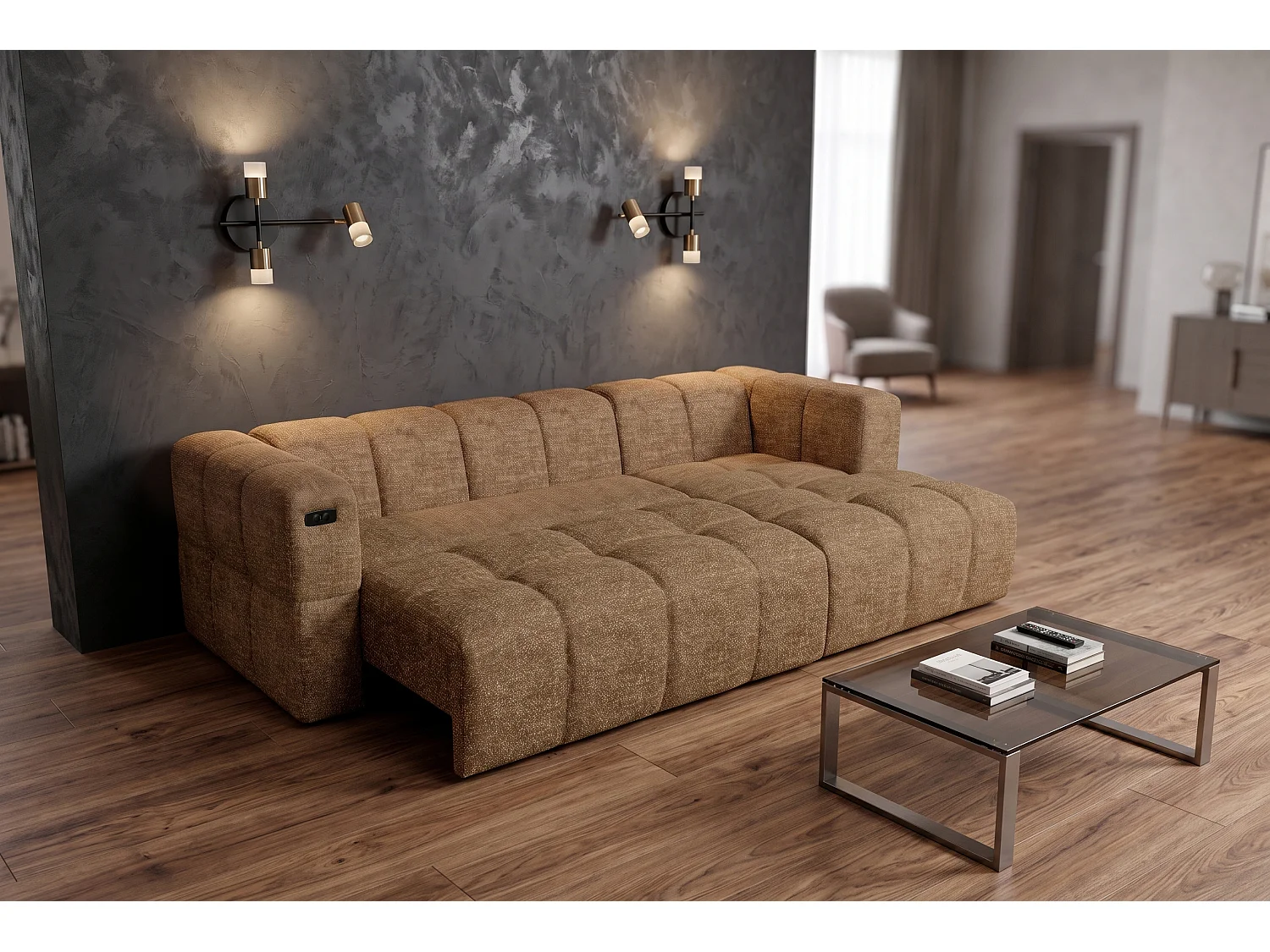 Elektrische hoekbank met relaxfunctie en elektrische slaapfunctie, bekleed met chenille en voorzien van USB LUMI