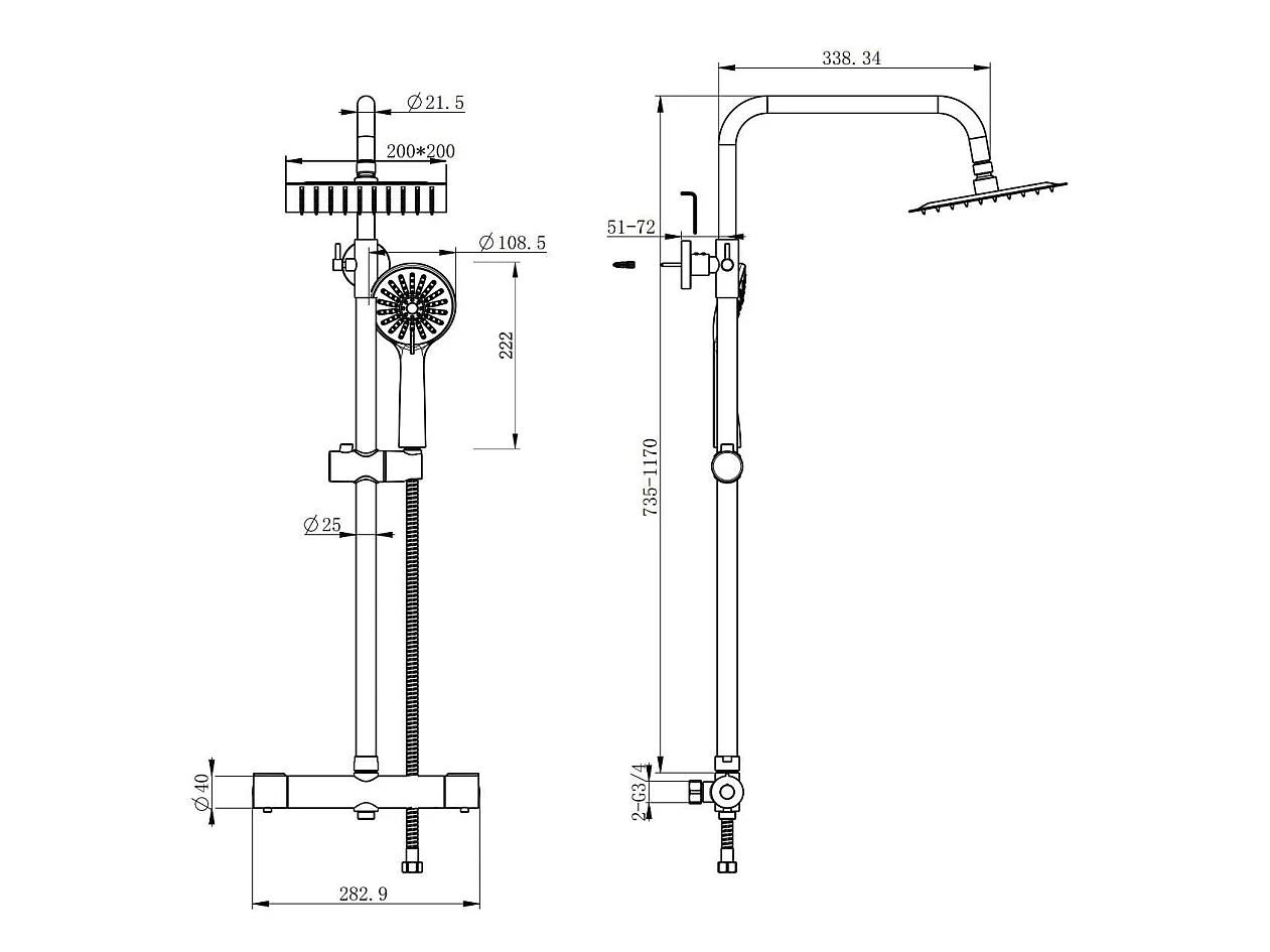 Colonne de douche thermostatique 200mm, ensemble de douche avec douchette 3 jet noir AICA