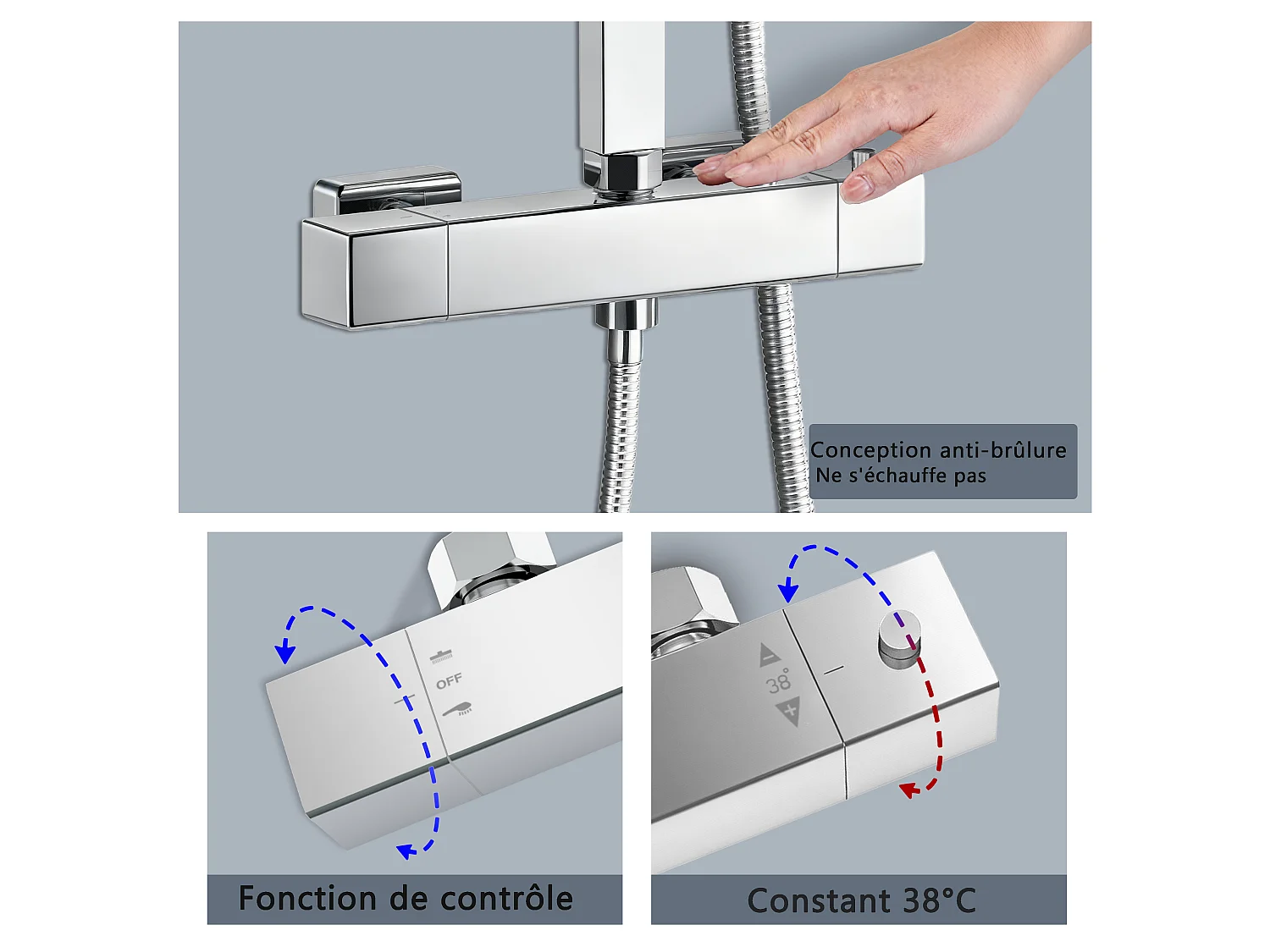 Colonne de douche thermostatique carrée 200mm, ensemble de douche chrome AICA