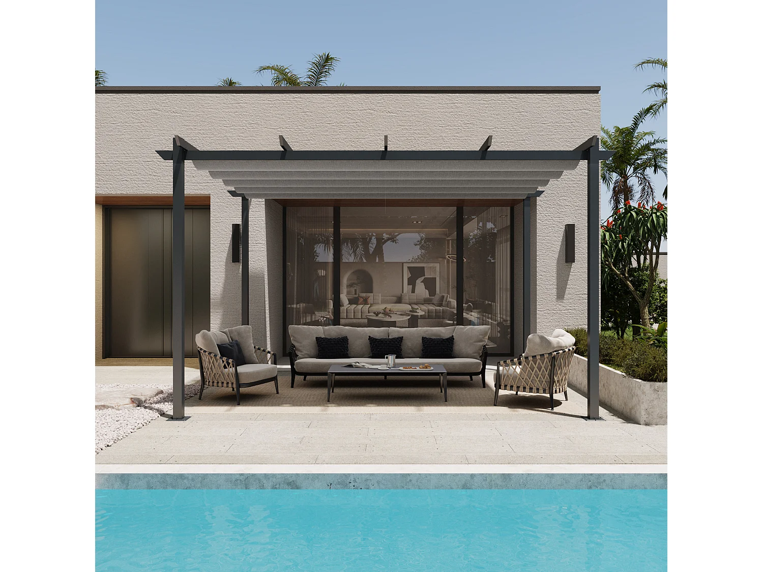 Pergola autoportée VELA en aluminium 5.81 m², gris anthracite, toit rétractable, 4x3m, pour les jardin et les cours