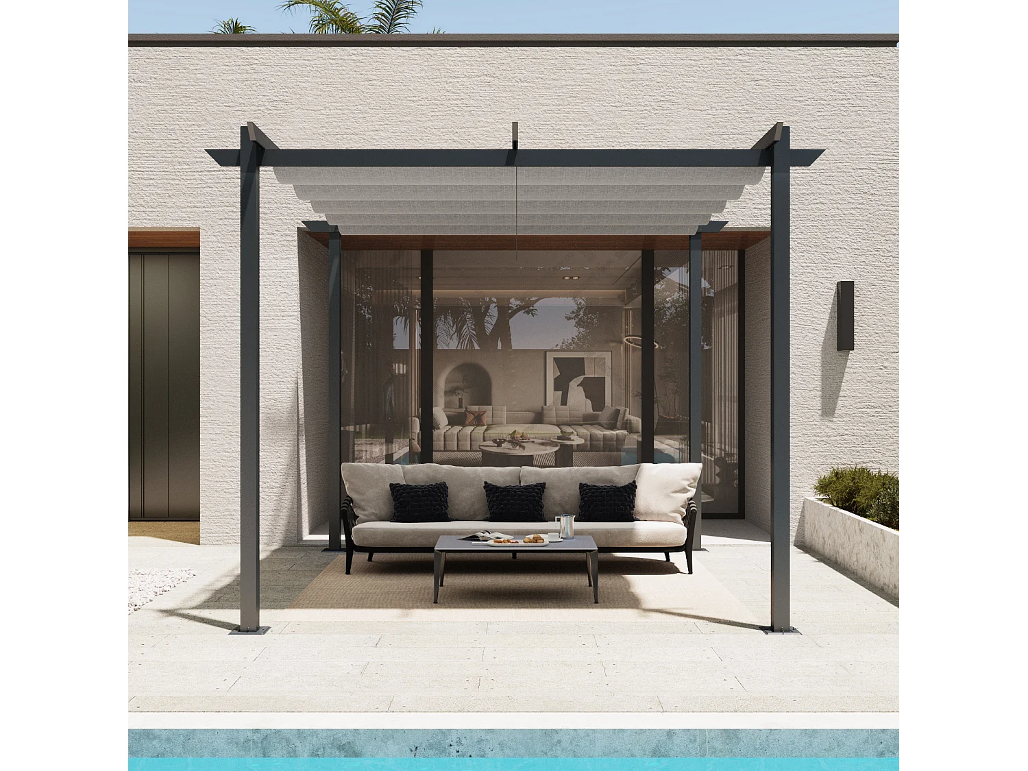Pergola autoportée VELA en aluminium 5.81 m², gris anthracite, toit rétractable, 3x3m, pour les jardin et les cours