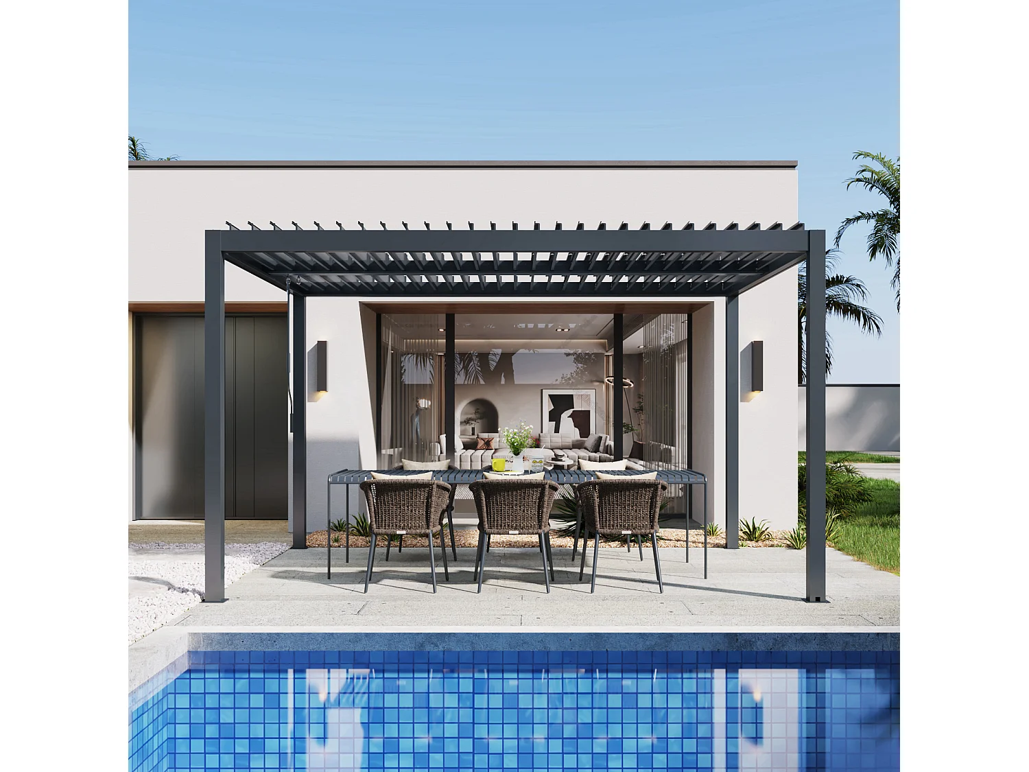 Pergola bioclimatique autoportée - 4x3m - Structure et lames orientables en aluminium - Gris anthracite