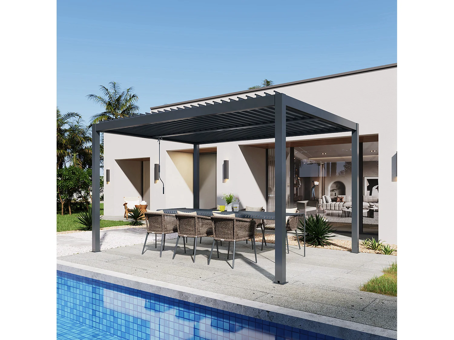 Pergola bioclimatique autoportée RIVA 4x3m aluminium - Lames orientables en alu - Gris anthracite - 4 pieds robustes