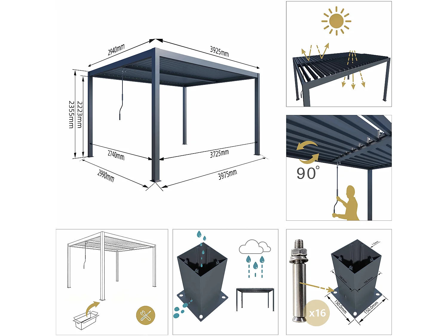Pergola bioclimatique autoportée RIVA 4x3m aluminium - Lames orientables en alu - Gris anthracite - 4 pieds robustes