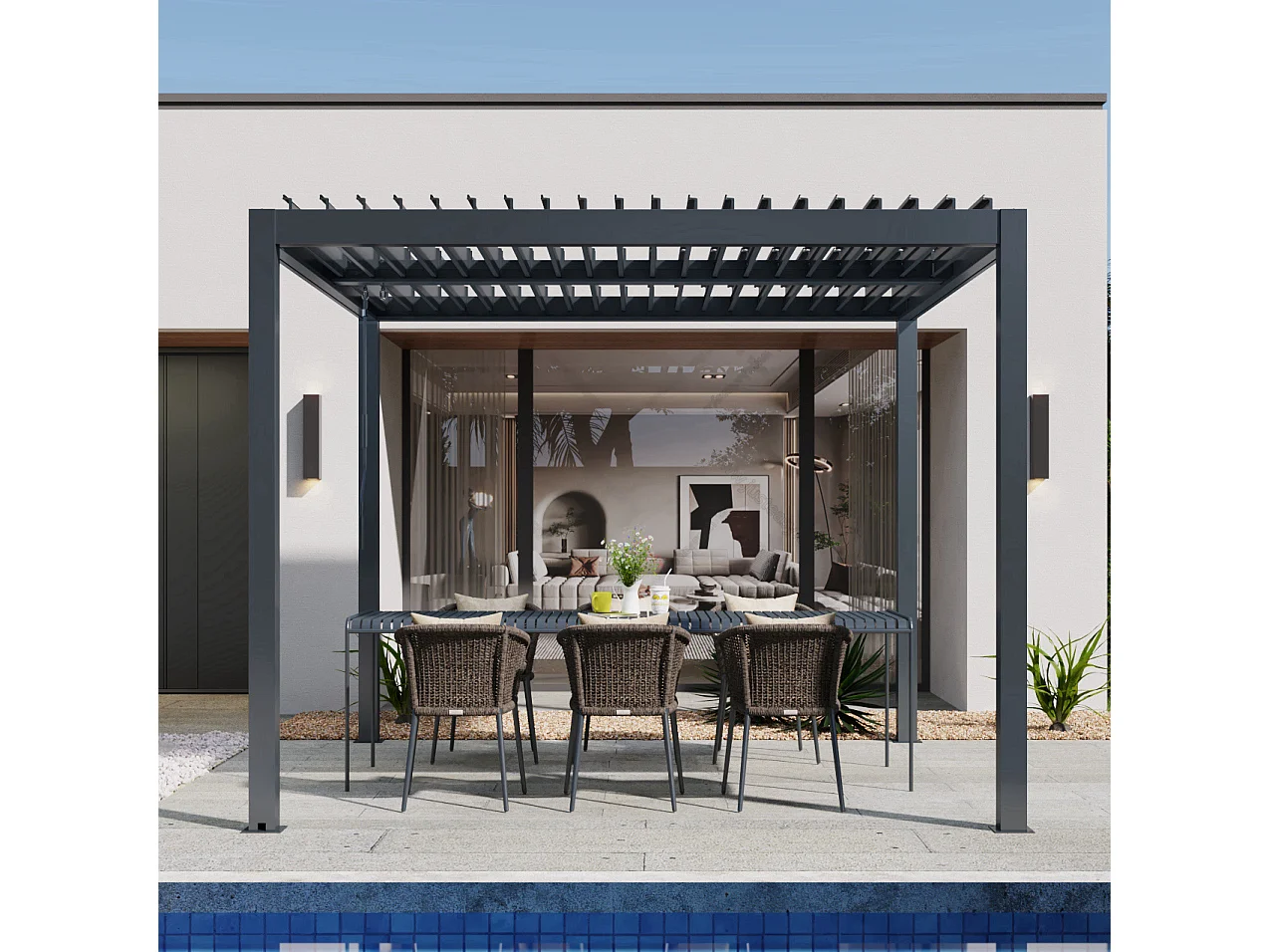 Pergola bioclimatique autoportée - 3x3m - Structure et lames orientables en aluminium - Gris anthracite