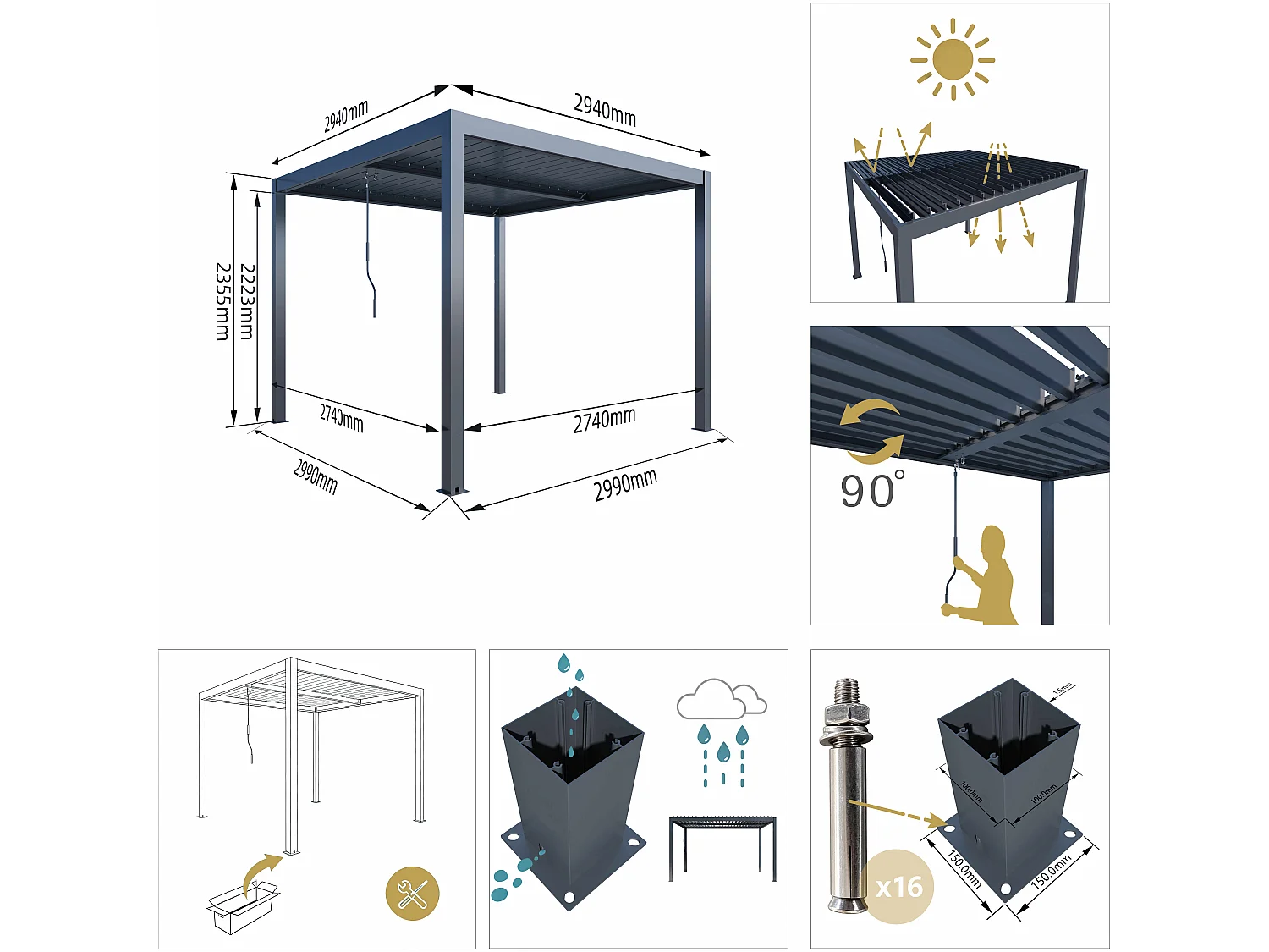 Pergola bioclimatique autoportée - 3x3m - Structure et lames orientables en aluminium - Gris anthracite