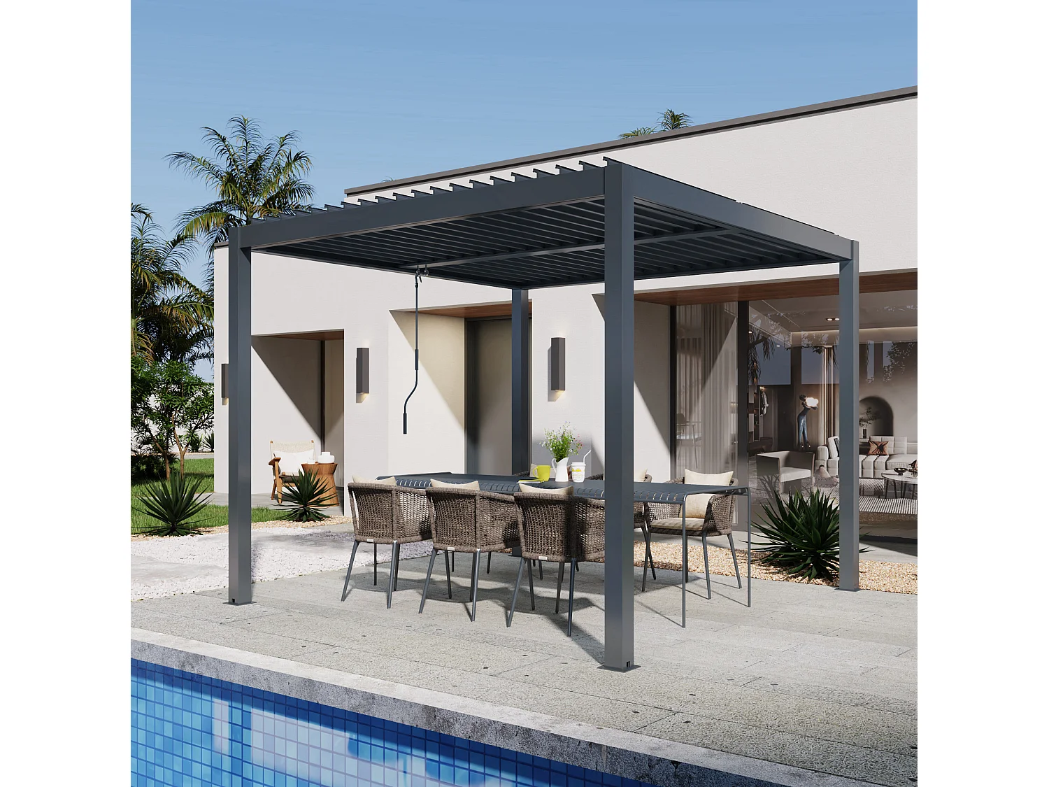 Pergola bioclimatique autoportée RIVA 3x3m aluminium - Lames orientables en alu - Gris anthracite - 4 pieds robustes