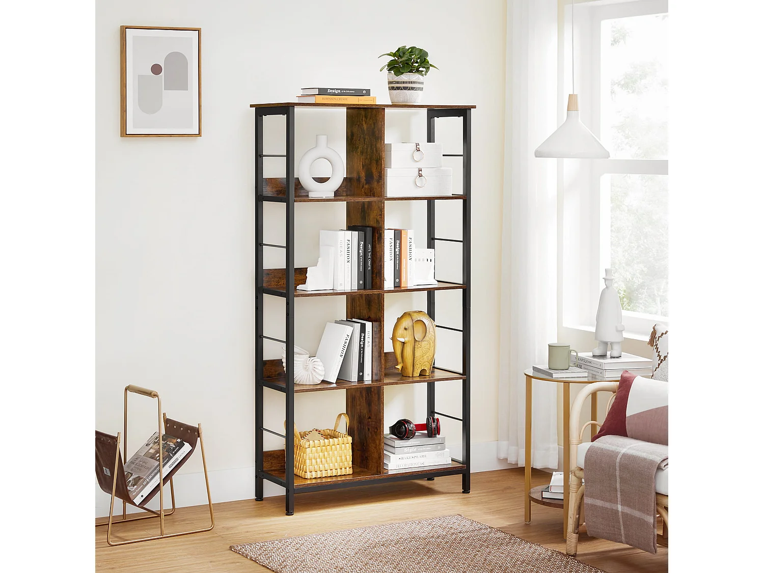 Boekenkast met stabiele constructie van spaanplaat en metaal, rustiek bruin, 80x33x149 cm