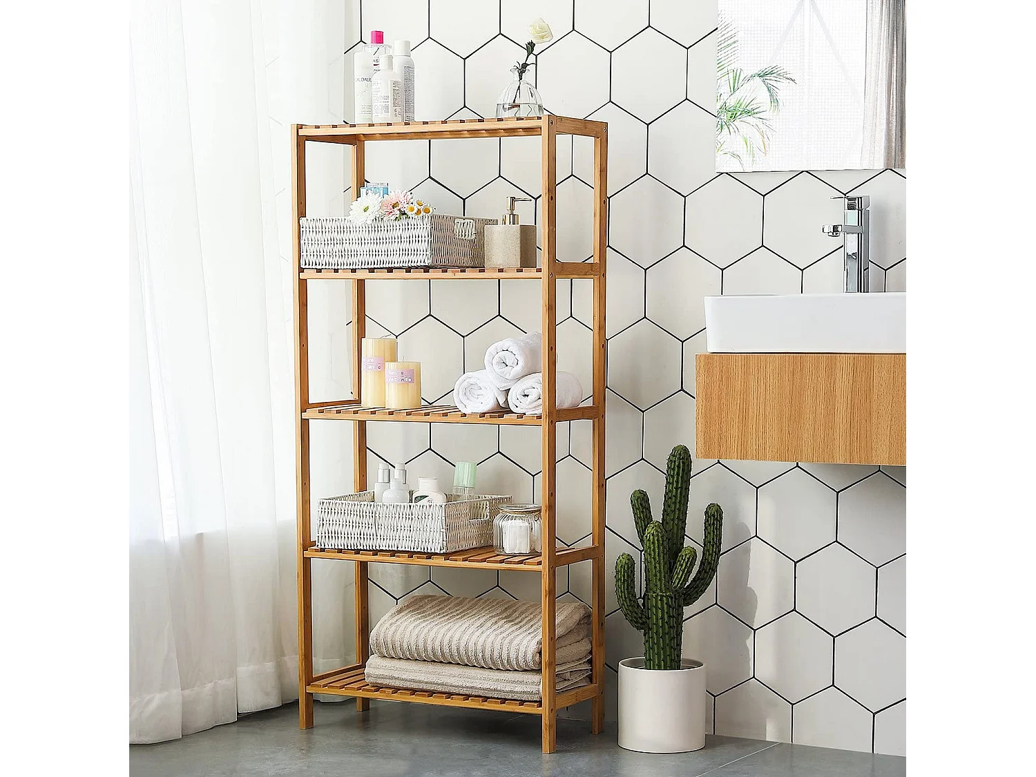 Étagère de salon stable en bambou naturel 60x26x130 cm - BCB35Y