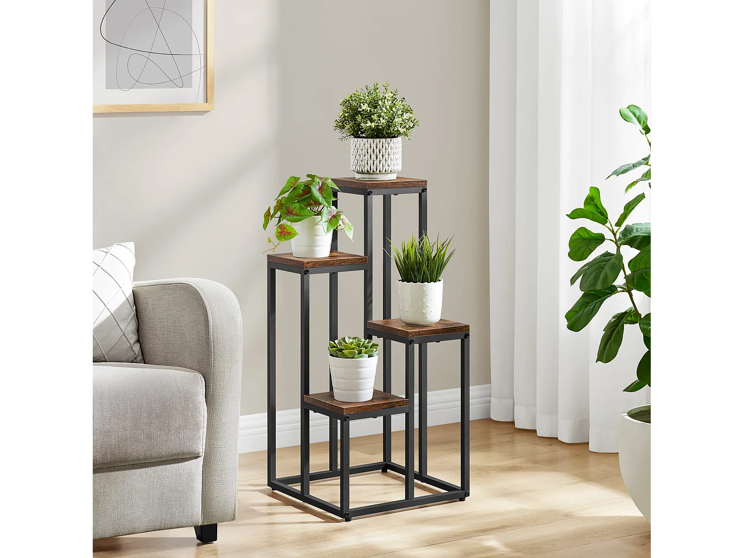 Plantenrek boekenrek loftstijl spaanplaat staal rustiek bruin zwart 34x34x71 cm