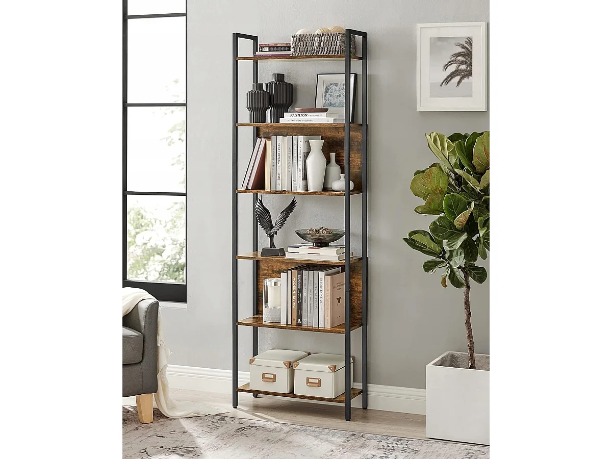 Étagère de salon pour livres et déco, style loft, acier, brun rustique/noir, 60x24x186 cm