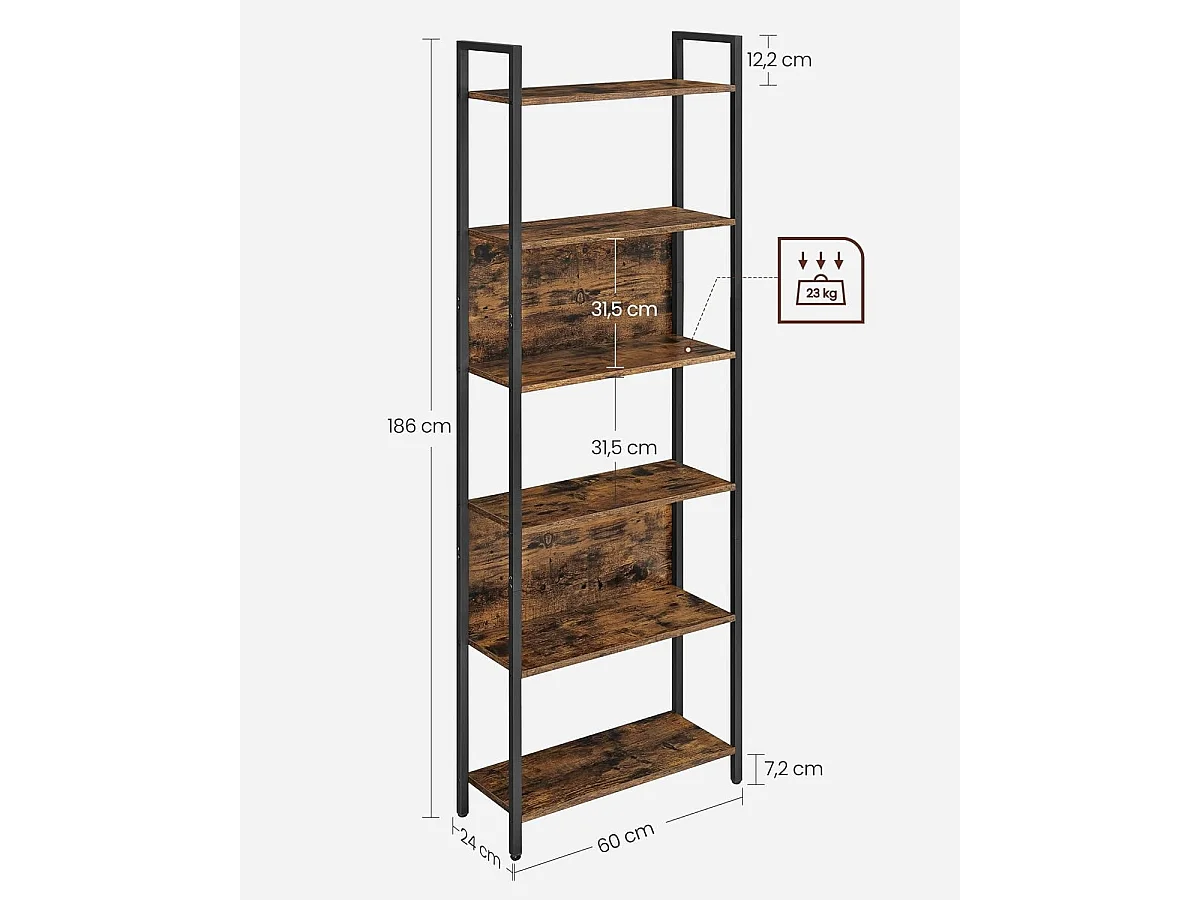 Étagère de salon pour livres et déco, style loft, acier, brun rustique/noir, 60x24x186 cm
