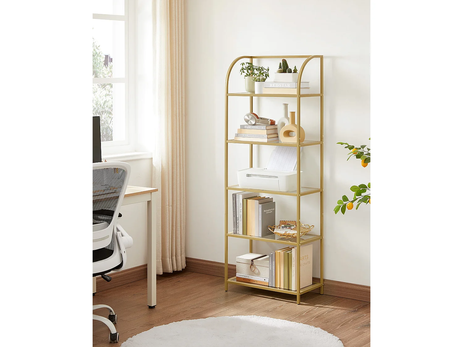 Boekenkast met 5 planken van gehard glas en staal goud 60x30x159,2 cm