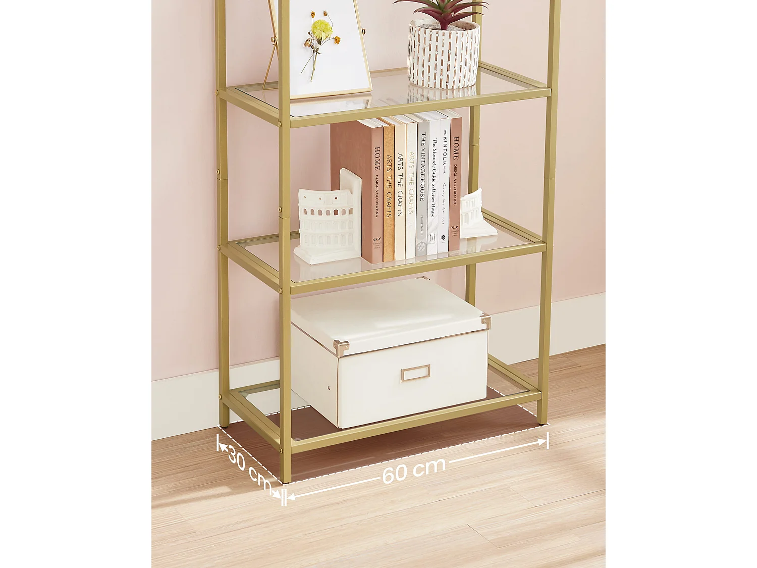 Boekenkast met 5 planken van gehard glas en staal goud 60x30x159,2 cm