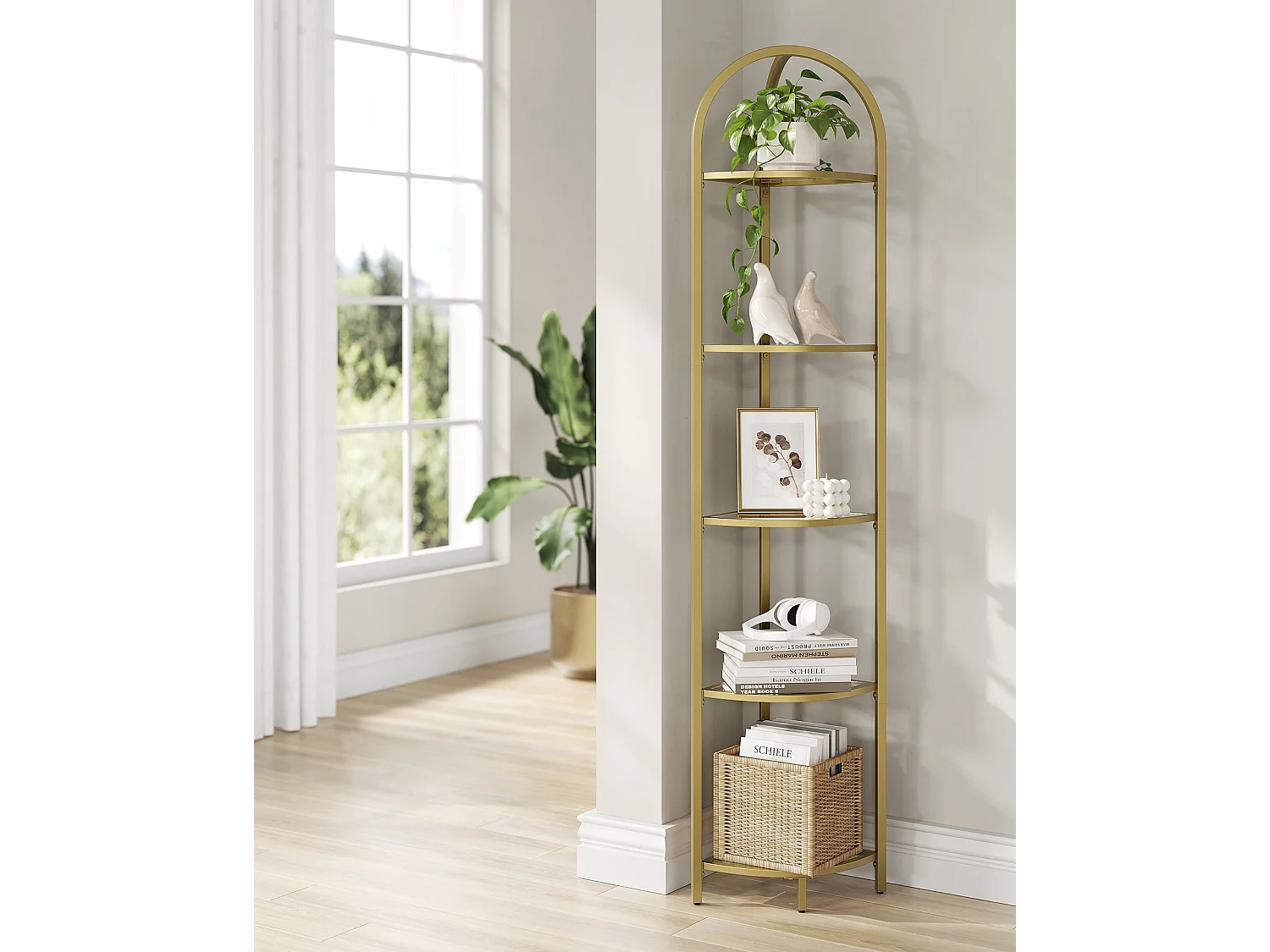 Glazen boekenkast met 5 planken goud staal 28x28x158 cm - LGT810A01
