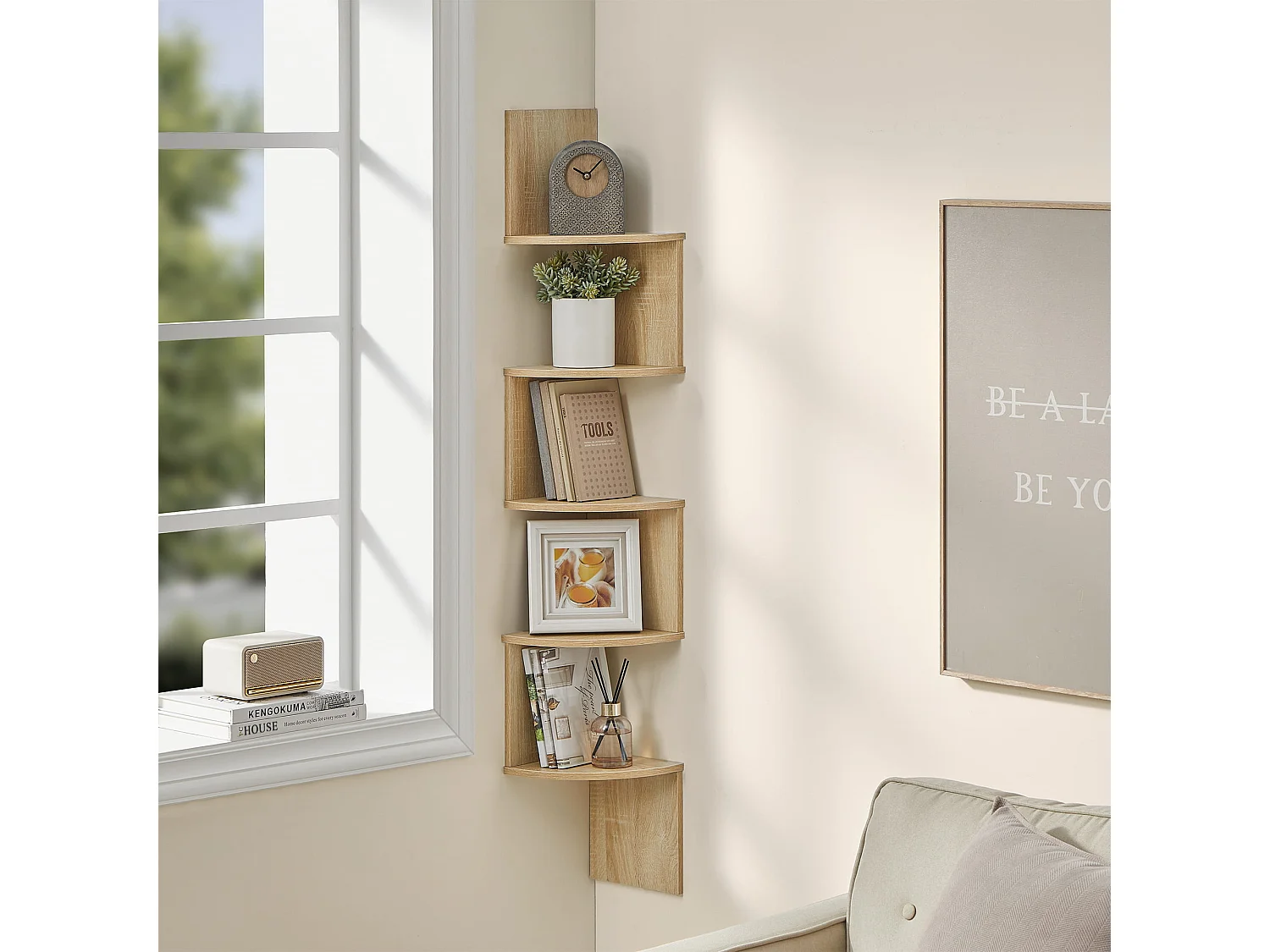 Étagère d’angle pour livres, 5 étagères, panneau mélaminé, sonoma, 20x20x126 cm