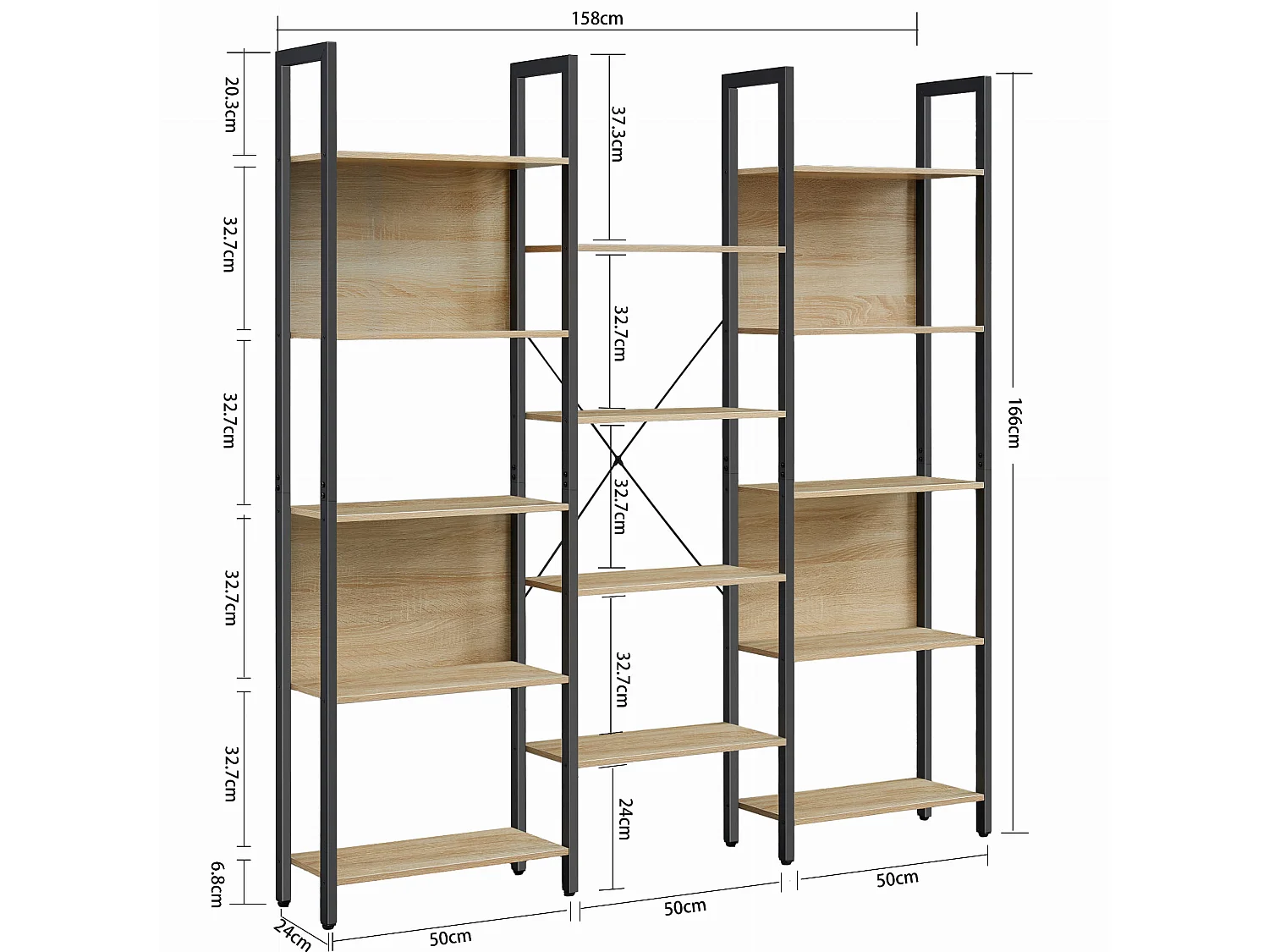 Loft boekenrek voor woonkamer houtlook zwart 158x24x166 cm LLS107B11