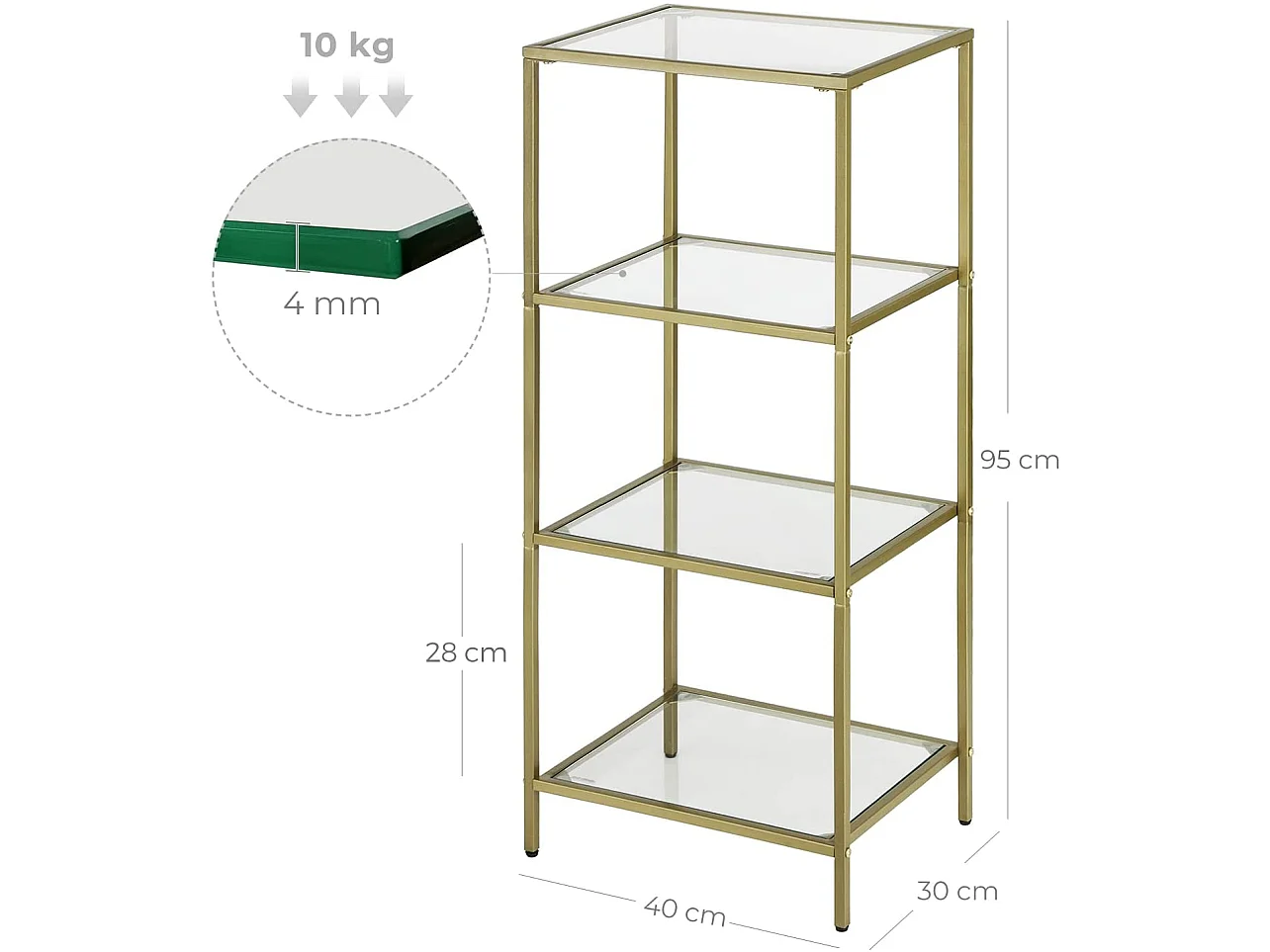 Glazen boekenkast met 4 planken goud 40x30x95 cm - LGT28G