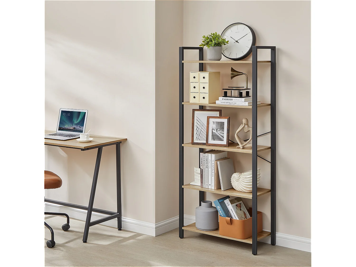 Boekenkast voor woonkamer, 5 planken, spaanplaat, staal, sonoma, 66x30x153 cm