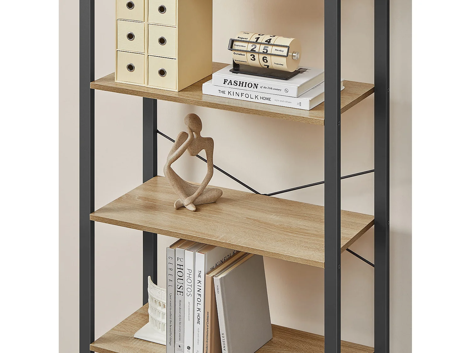 Boekenkast voor woonkamer, 5 planken, spaanplaat, staal, sonoma, 66x30x153 cm