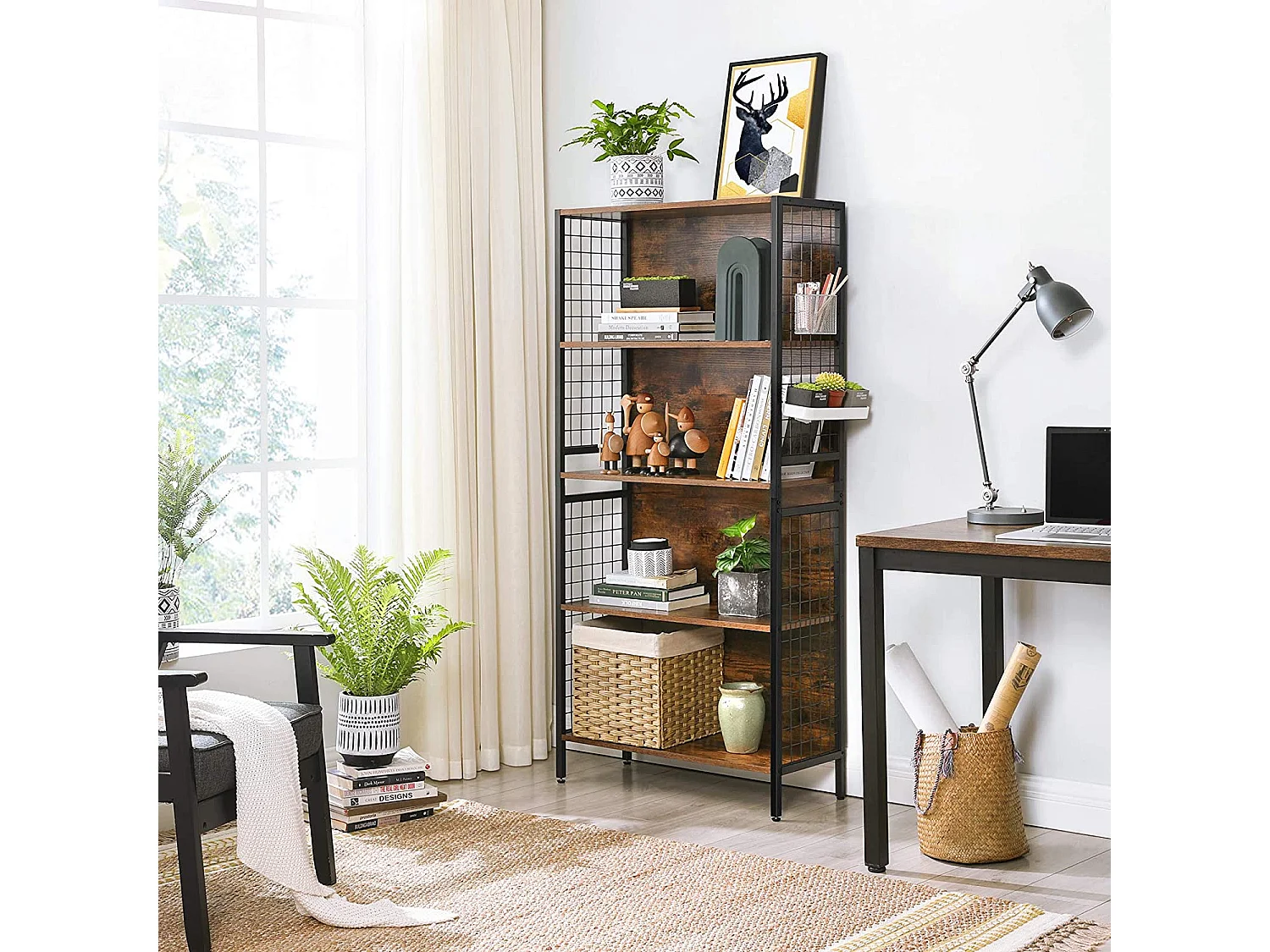 Étagère bibliothèque rustique en bois et acier brun noir 74x30x155 cm - LBC023B01