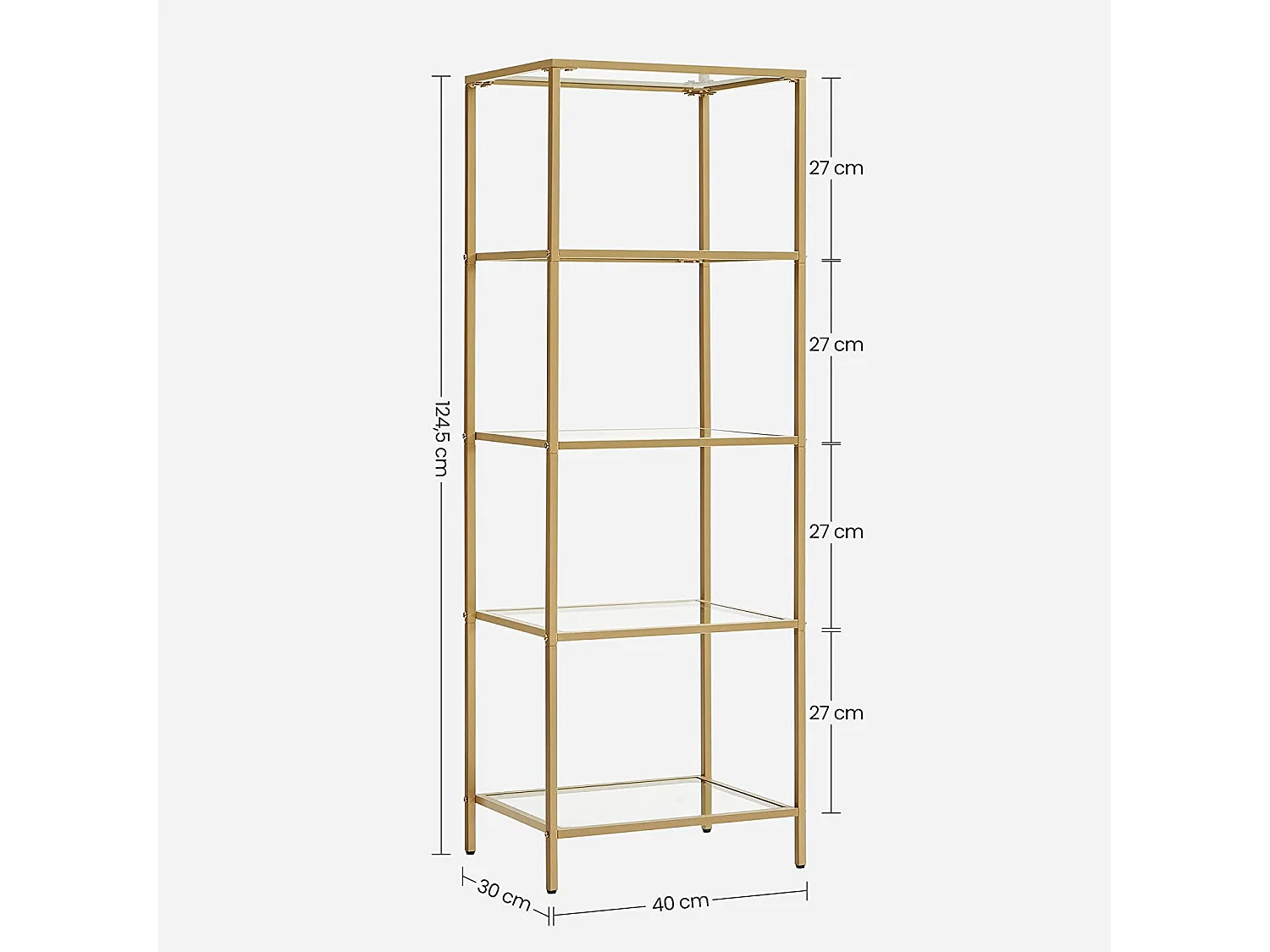 Boekenkast met 5 planken glas staal goud 40x30x124,5 cm - LGT029A01