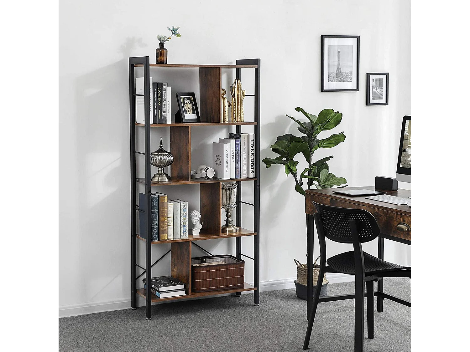 Boekenkast met 5 planken rustiek hout metaal bruin zwart 74x30x154,5 cm
