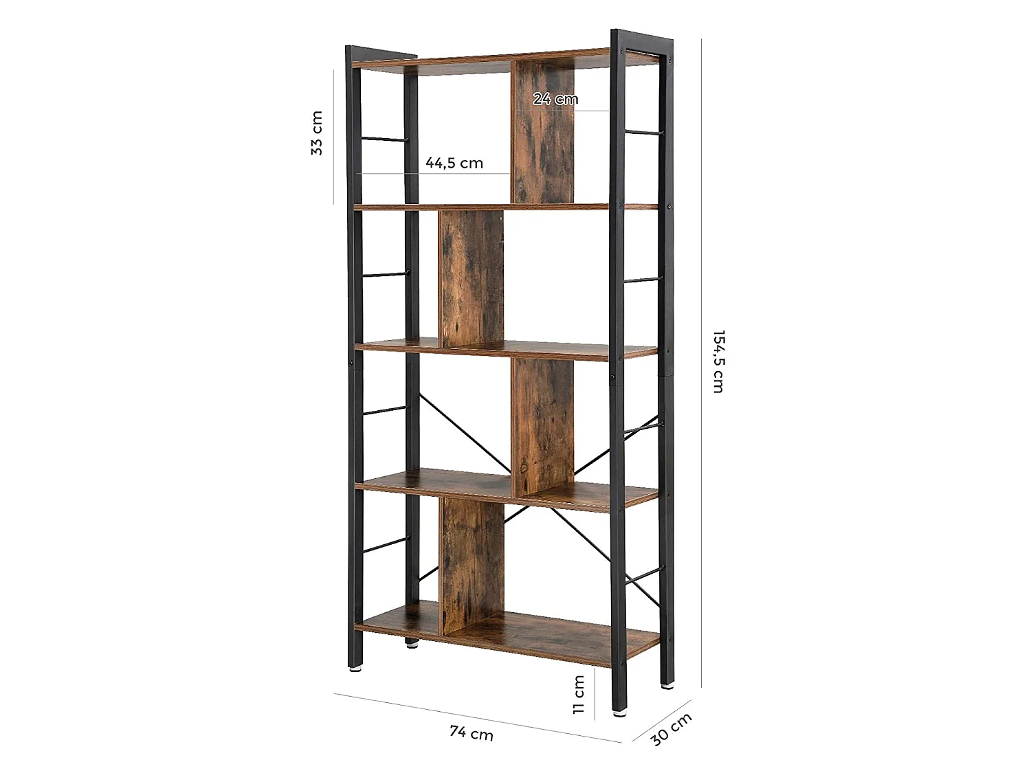 Boekenkast met 5 planken rustiek hout metaal bruin zwart 74x30x154,5 cm