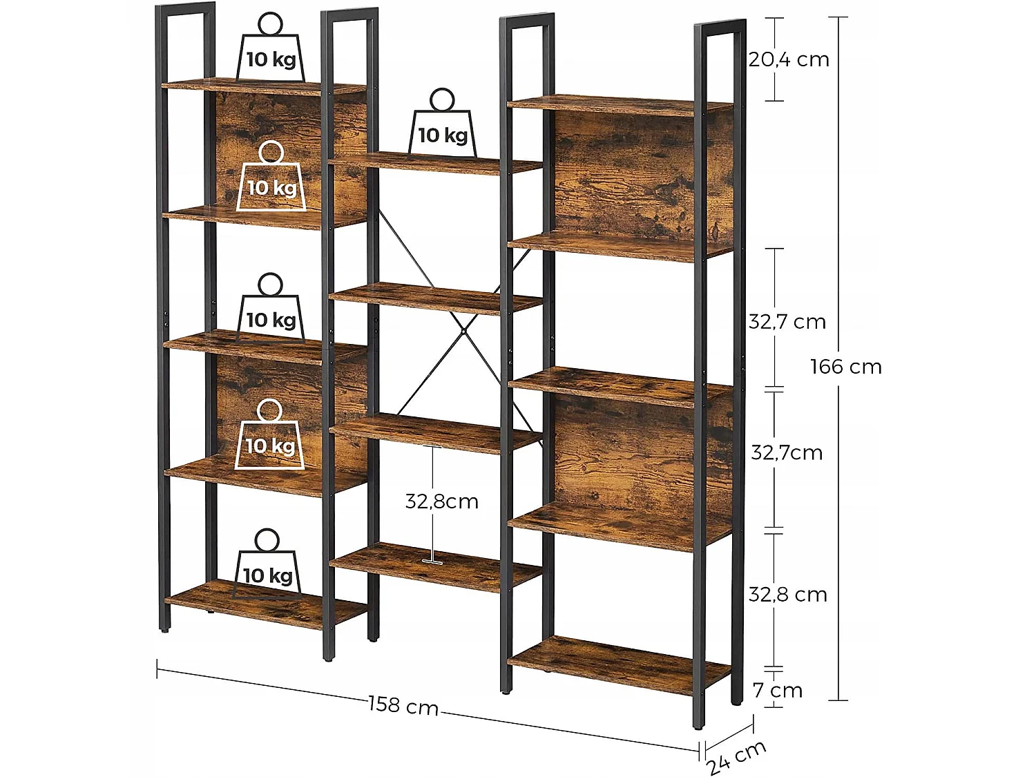 Boekenkast met 14 planken, rustiek bruin, 158x24x166 cm - LLS107B01