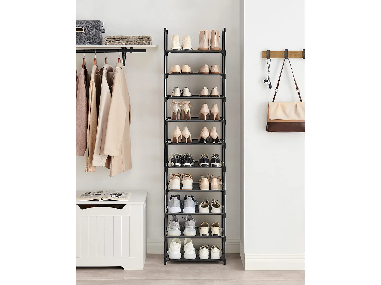 Étagère à chaussures de rangement en métal noir 45x28x173 cm - LSH010B02