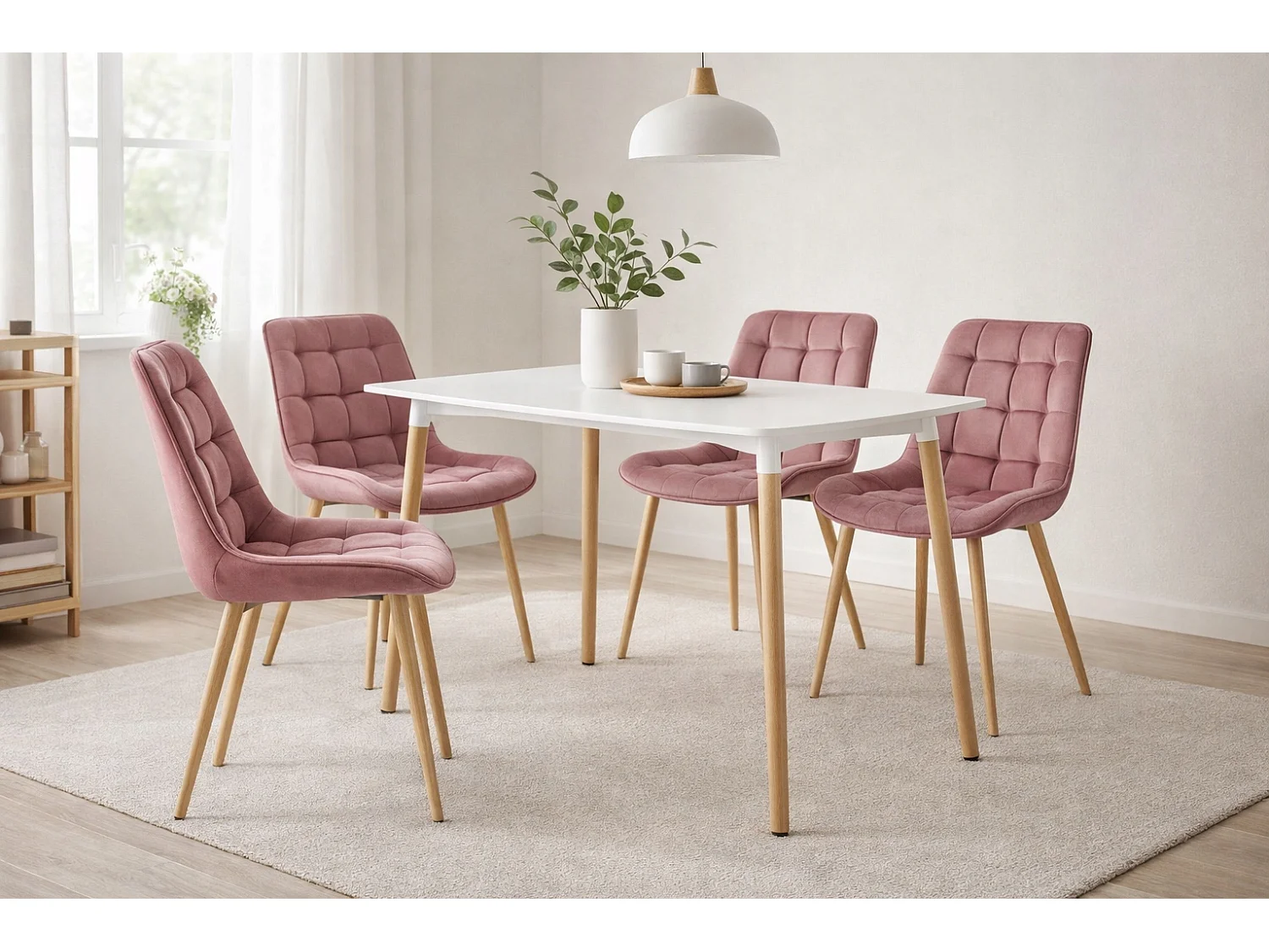 Chaise de salle à manger et cuisine BERA en velours rose foncé pieds chêne 54x60x88 cm