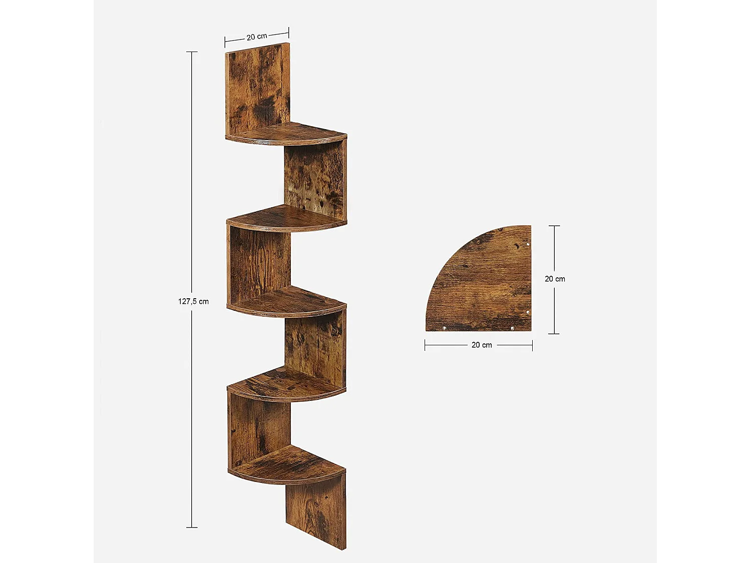 Étagère d’angle pour livres, décorations, panneau de particules mélaminé, brun rustique, 20x20x127,5 cm
