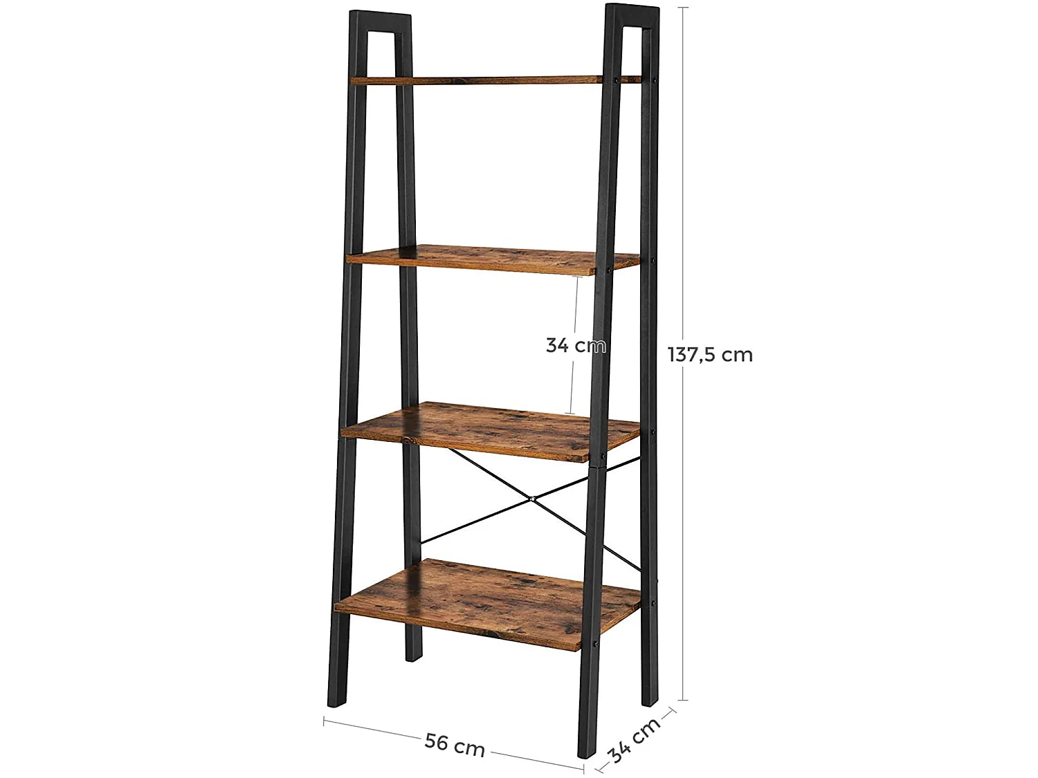 Boekenkast met 4 planken, stabiele constructie, spaanplaat, metaal, rustiek bruin, zwart, 56x34x137,5 cm