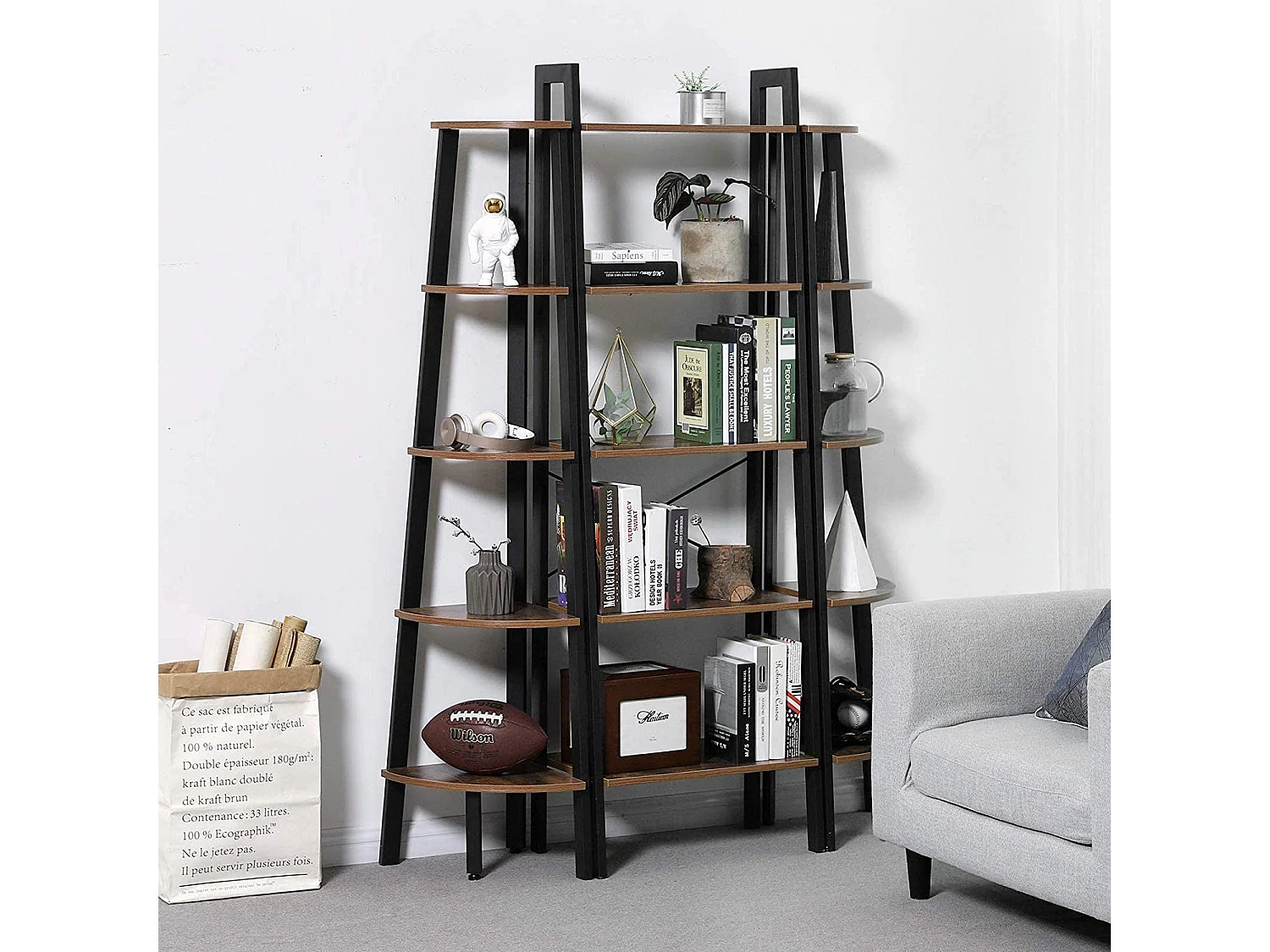 Boekenkast met stabiele constructie spaanplaat metaal rustiek bruin zwart 56x34x172 cm