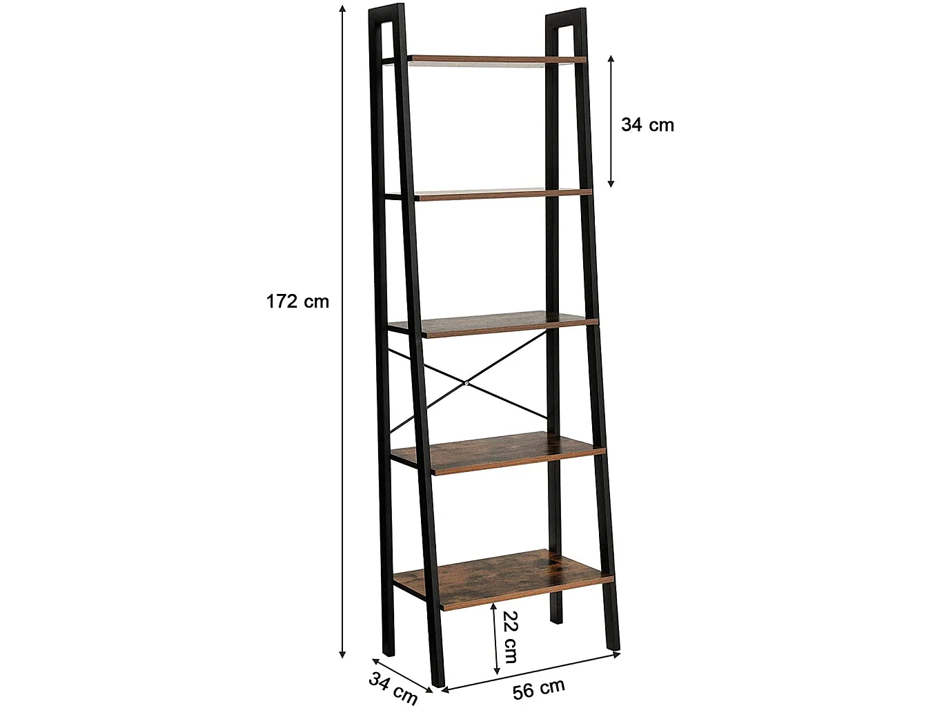 Boekenkast met stabiele constructie spaanplaat metaal rustiek bruin zwart 56x34x172 cm