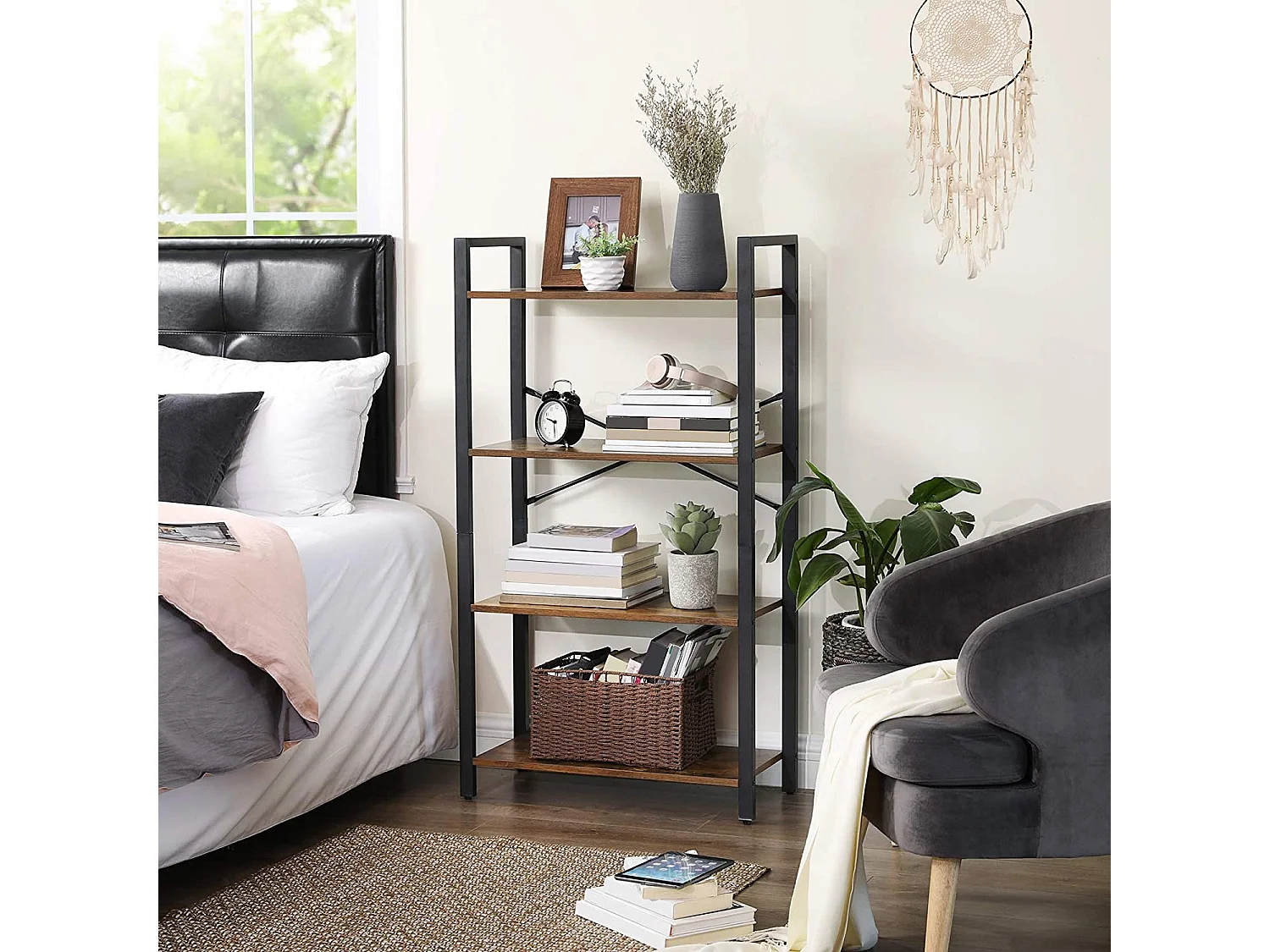 Libreria rustica in metallo e truciolato marrone nero 66x30x120 cm